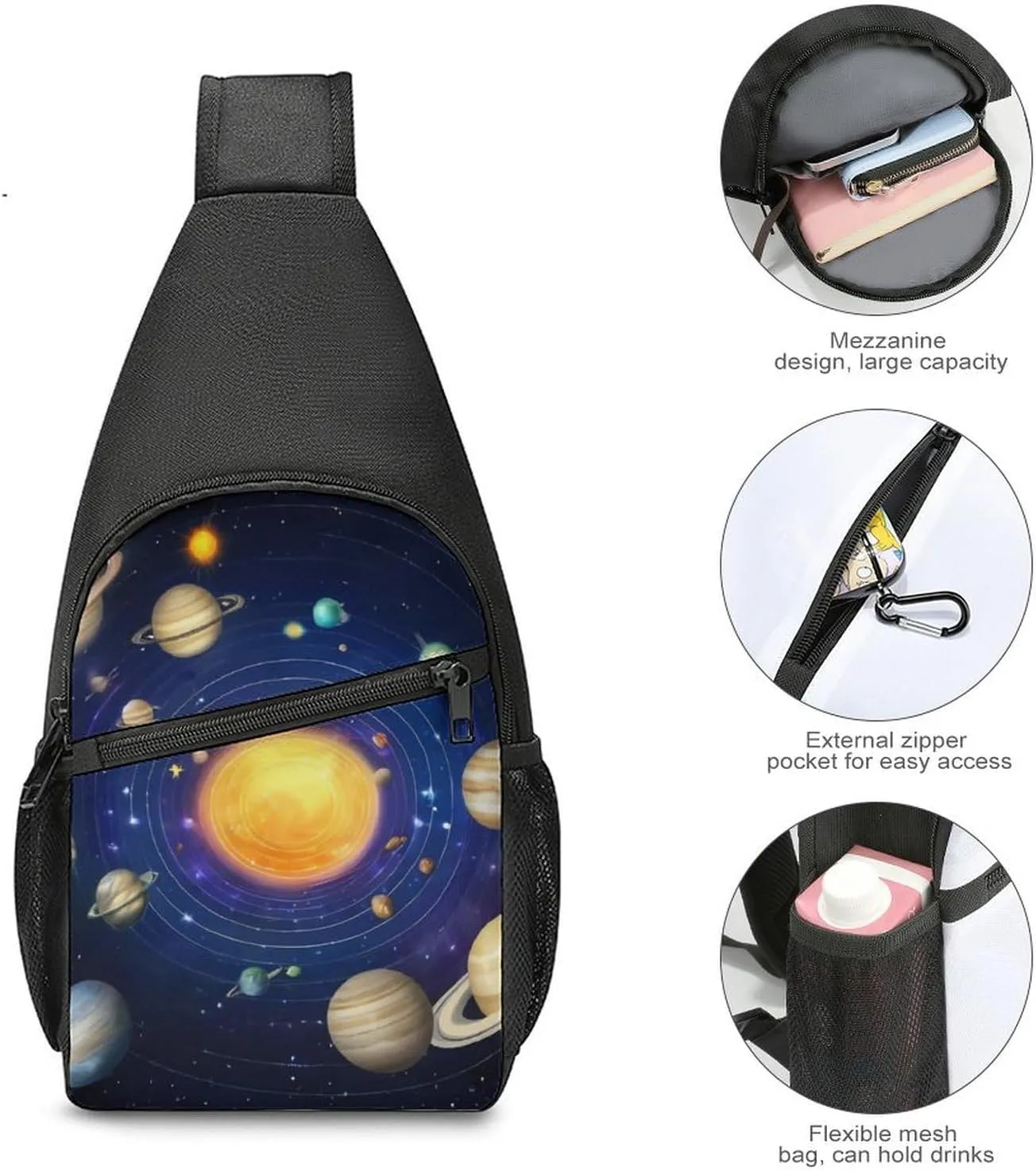 Large Capacity Chest Bag, Galaxy Space Planet Solar System Adjustable Crossbody Sling Bag with Key Leash and Padded Strap, Multi-Pocket Design for Outdoor Sports, Hiking, Travel