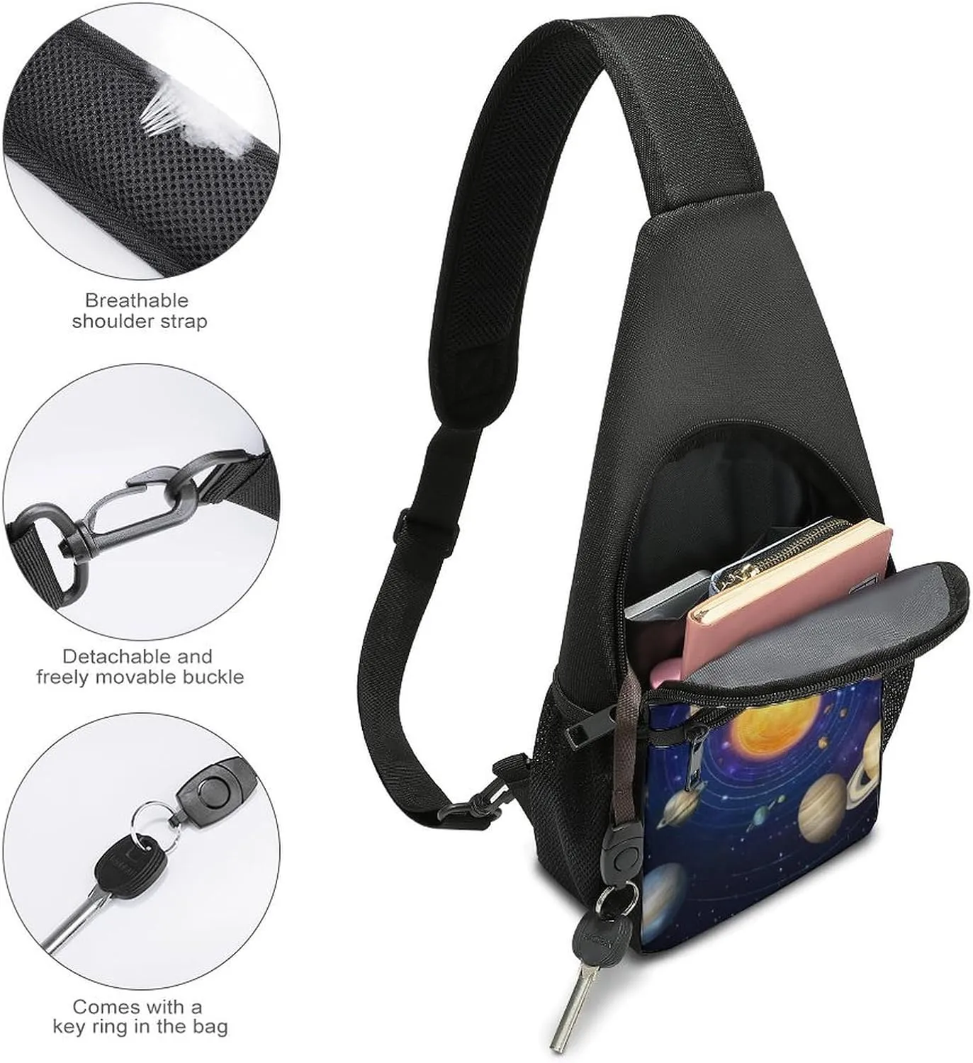 Large Capacity Chest Bag, Galaxy Space Planet Solar System Adjustable Crossbody Sling Bag with Key Leash and Padded Strap, Multi-Pocket Design for Outdoor Sports, Hiking, Travel