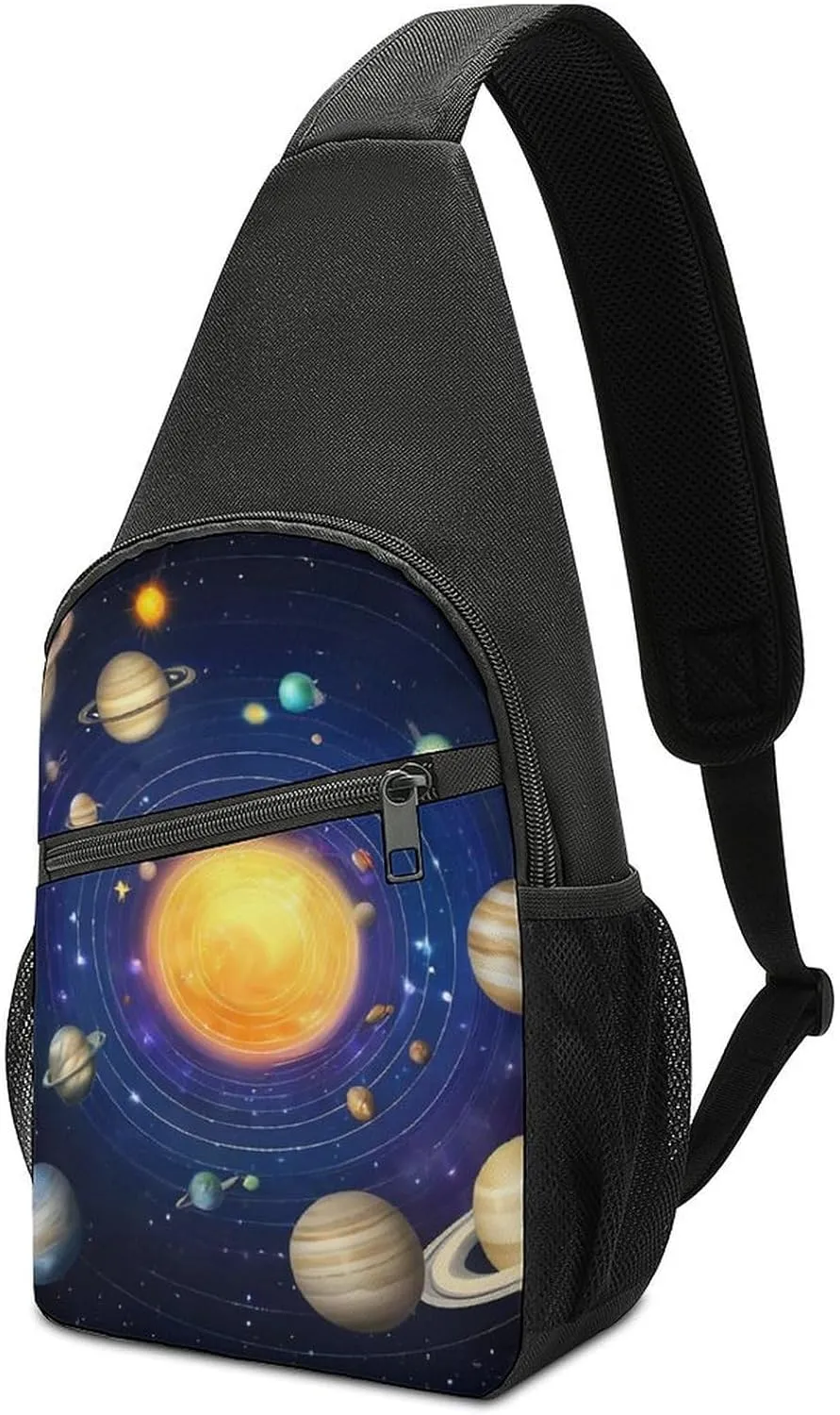 Large Capacity Chest Bag, Galaxy Space Planet Solar System Adjustable Crossbody Sling Bag with Key Leash and Padded Strap, Multi-Pocket Design for Outdoor Sports, Hiking, Travel