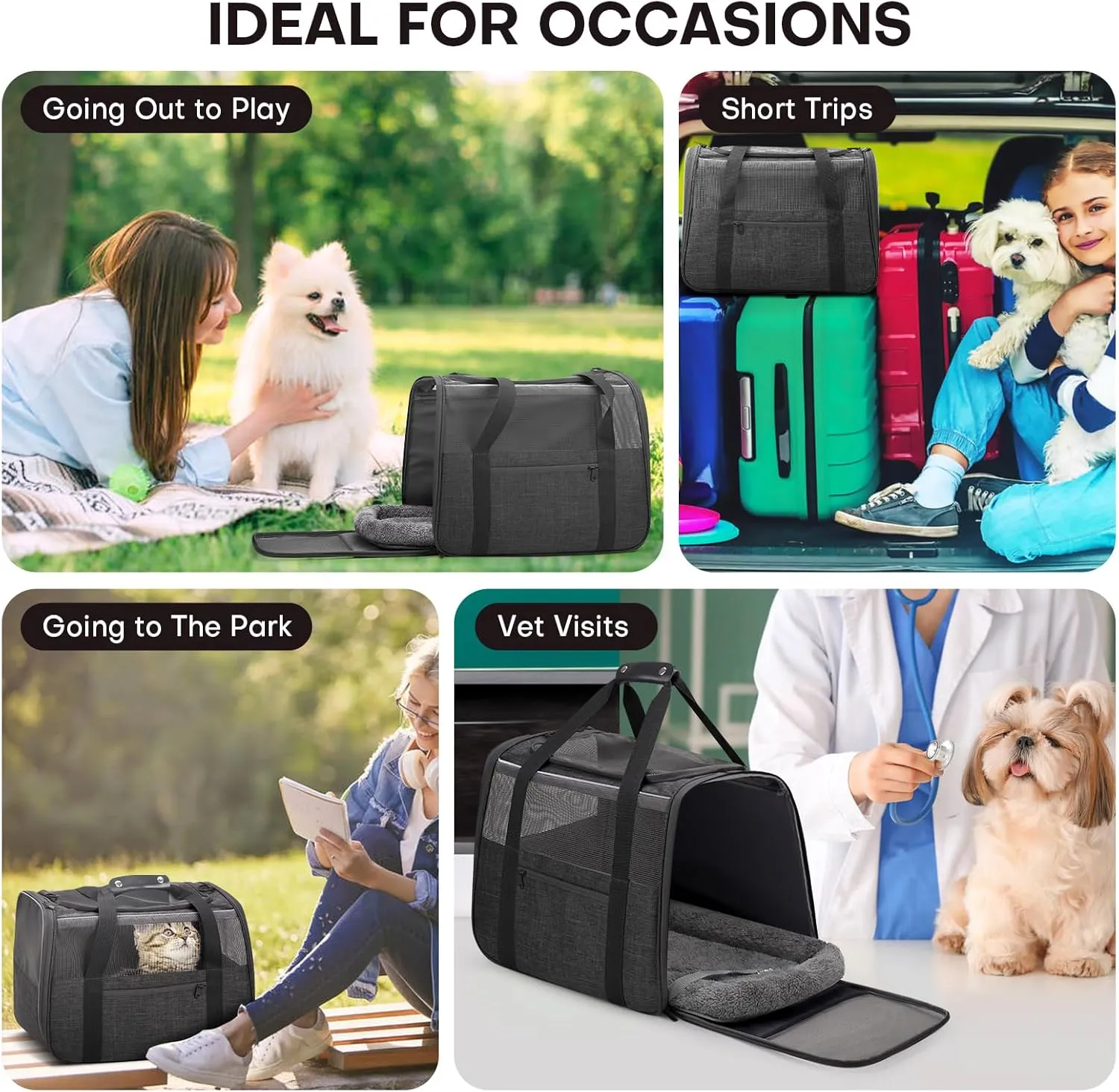 Large Cat Carrier – Soft-Sided Airline-Approved Pet Carrier Bag with Top Opening, Portable Travel Carrier for Big Cats & Dogs Up to 20lbs – Safety Zippers, Collapsible Bowl, Dark Gray