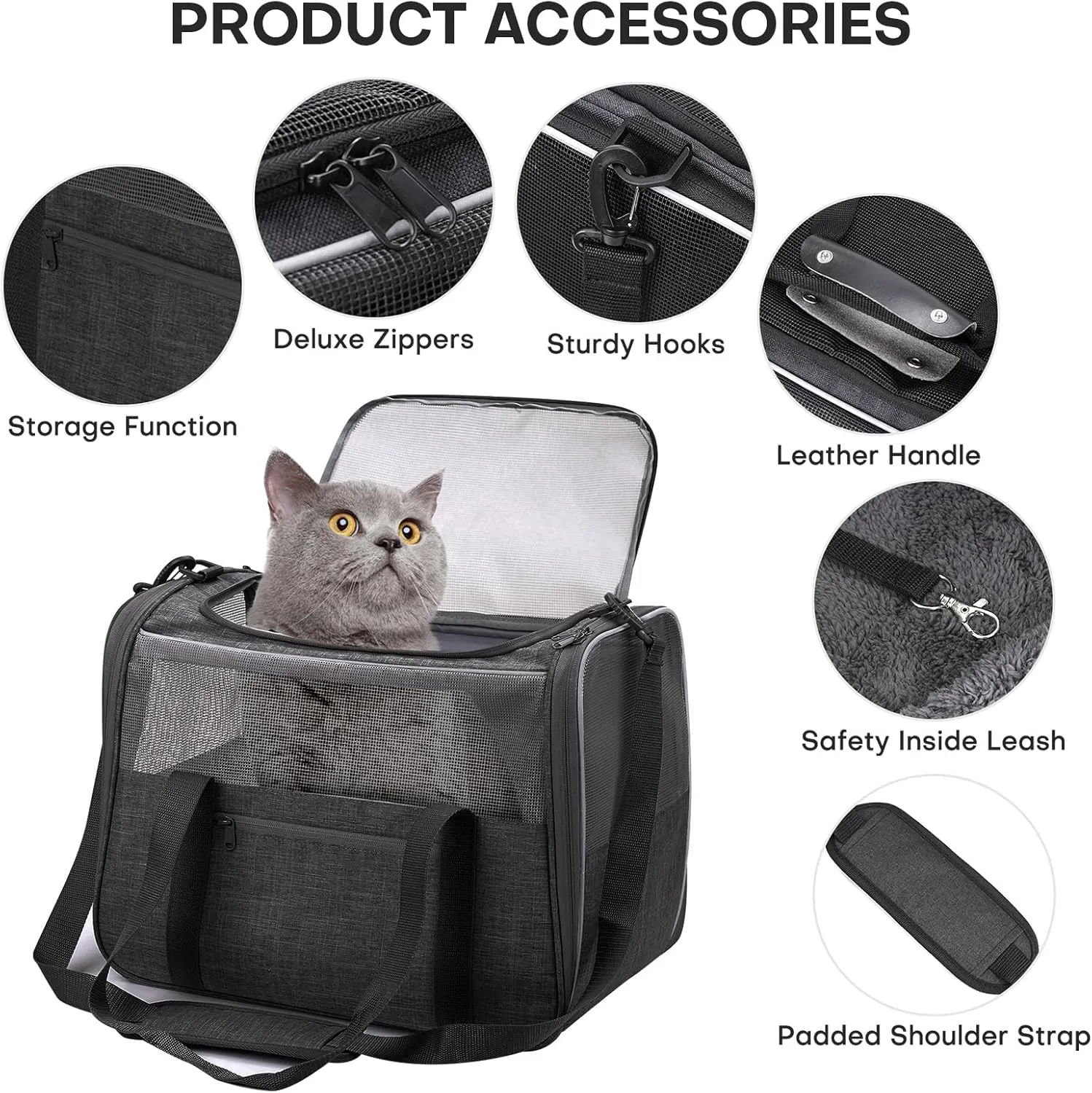 Large Cat Carrier – Soft-Sided Airline-Approved Pet Carrier Bag with Top Opening, Portable Travel Carrier for Big Cats & Dogs Up to 20lbs – Safety Zippers, Collapsible Bowl, Dark Gray