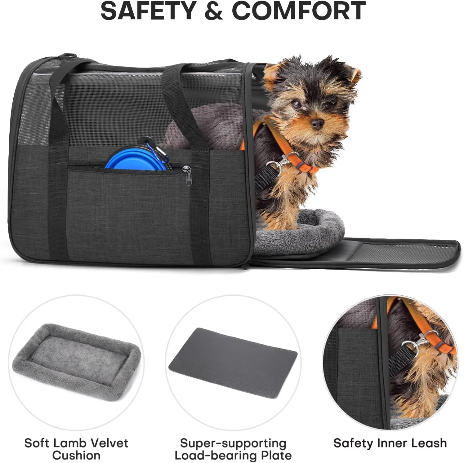 Large Cat Carrier – Soft-Sided Airline-Approved Pet Carrier Bag with Top Opening, Portable Travel Carrier for Big Cats & Dogs Up to 20lbs – Safety Zippers, Collapsible Bowl, Dark Gray