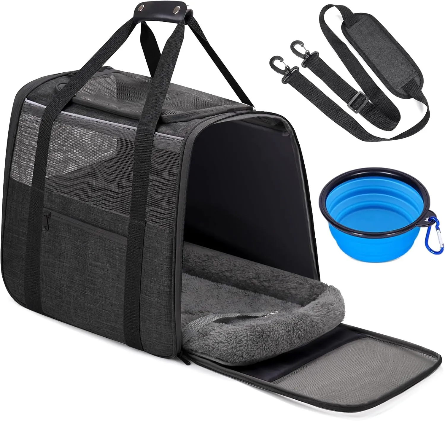 Large Cat Carrier – Soft-Sided Airline-Approved Pet Carrier Bag with Top Opening, Portable Travel Carrier for Big Cats & Dogs Up to 20lbs – Safety Zippers, Collapsible Bowl, Dark Gray