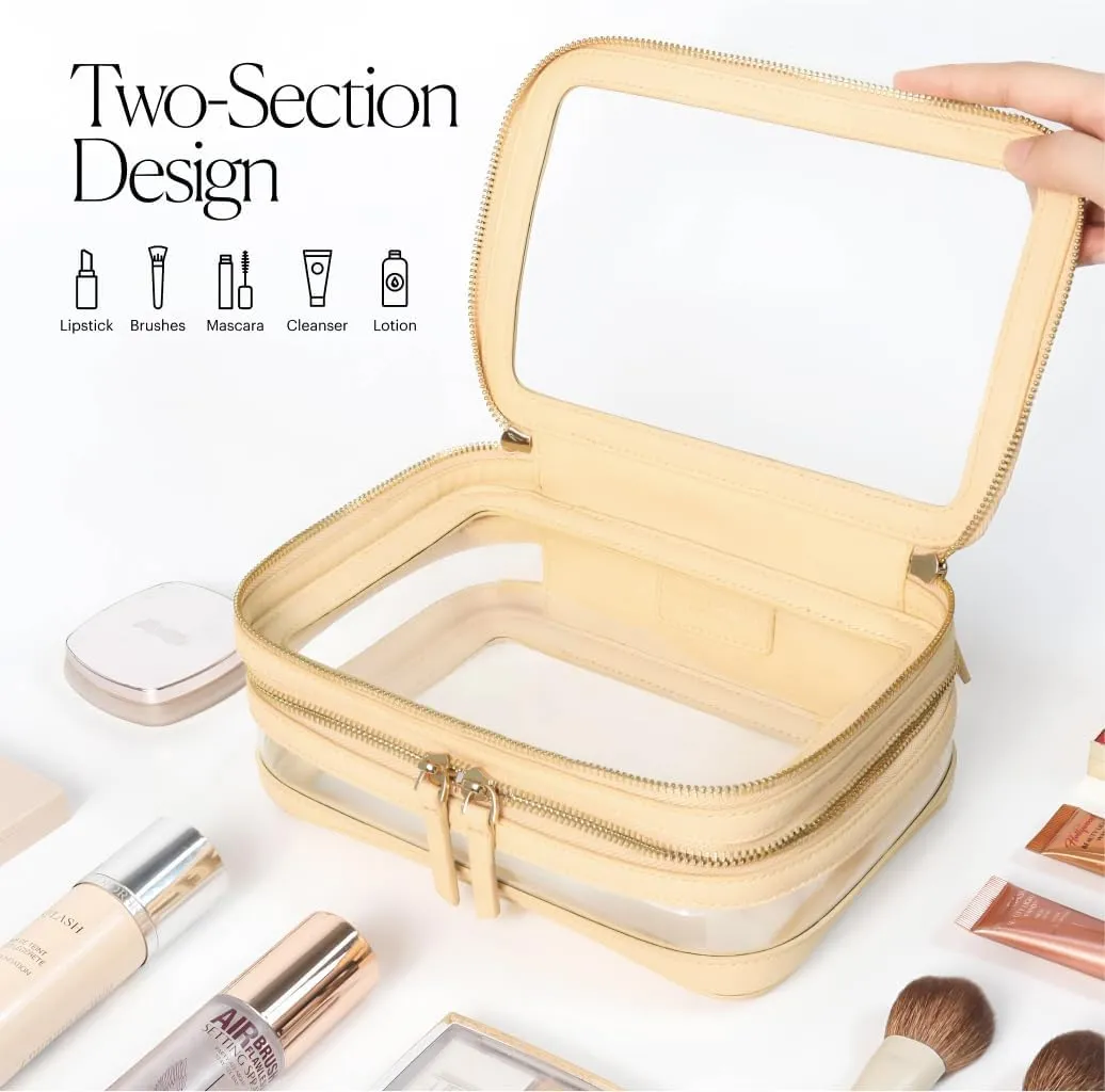 Large Clear Makeup Bag for Women with Zipper Organizer, Beige Travel Makeup Bag for Women Clear Cosmetic Case, Clear Travel Bags for Toiletries, Clear Make Up Bag Traveling Women, Car Bag Organizer