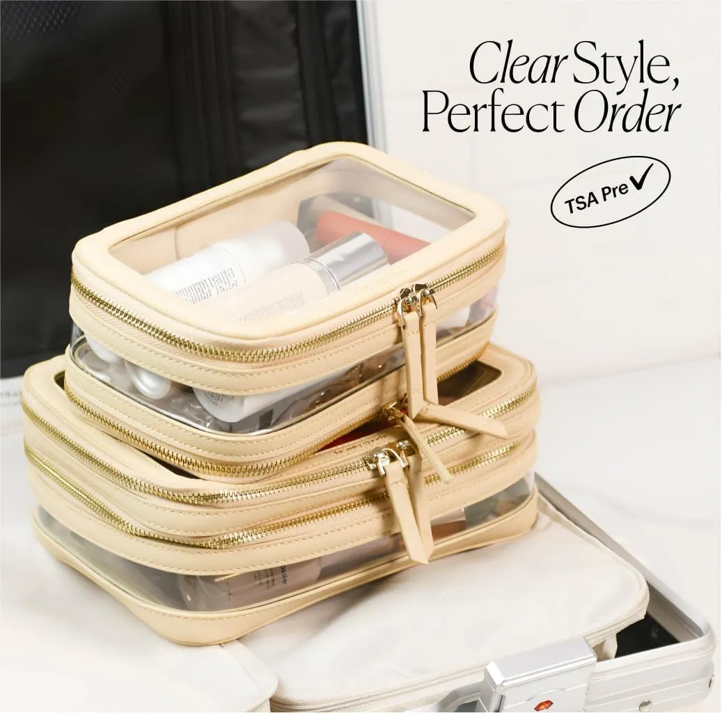 Large Clear Makeup Bag for Women with Zipper Organizer, Beige Travel Makeup Bag for Women Clear Cosmetic Case, Clear Travel Bags for Toiletries, Clear Make Up Bag Traveling Women, Car Bag Organizer