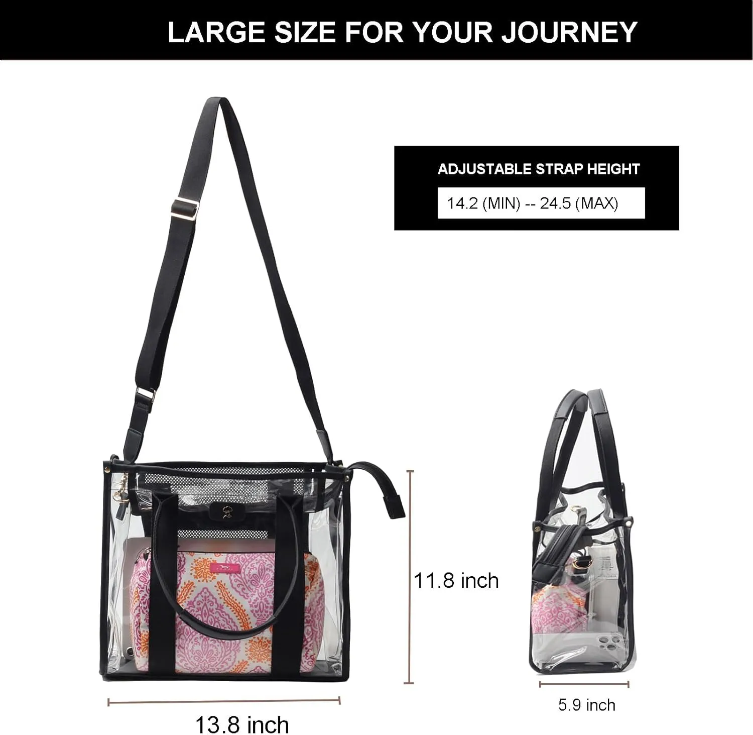 Large Clear Tote Bag Stadium Approved for Stadium Events Transparent Shoulder crossbody Handbag with Adjustable Strap