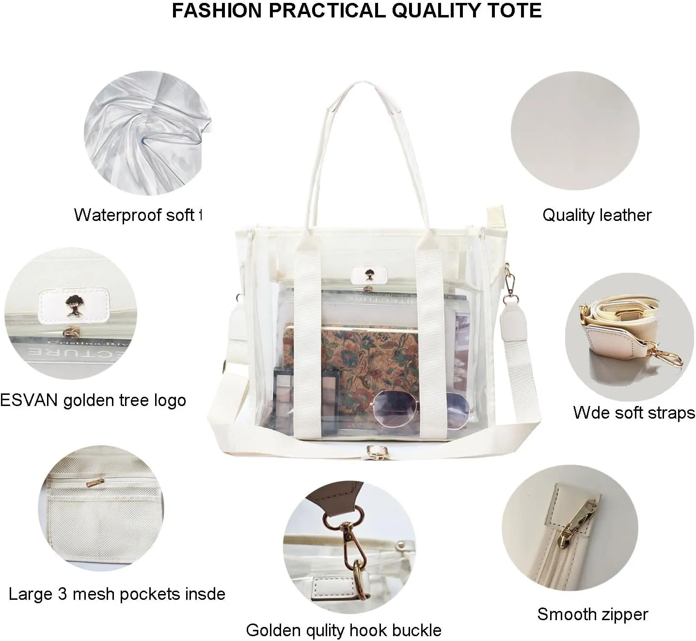 Large Clear Tote Bag Stadium Approved for Stadium Events Transparent Shoulder crossbody Handbag with Adjustable Strap