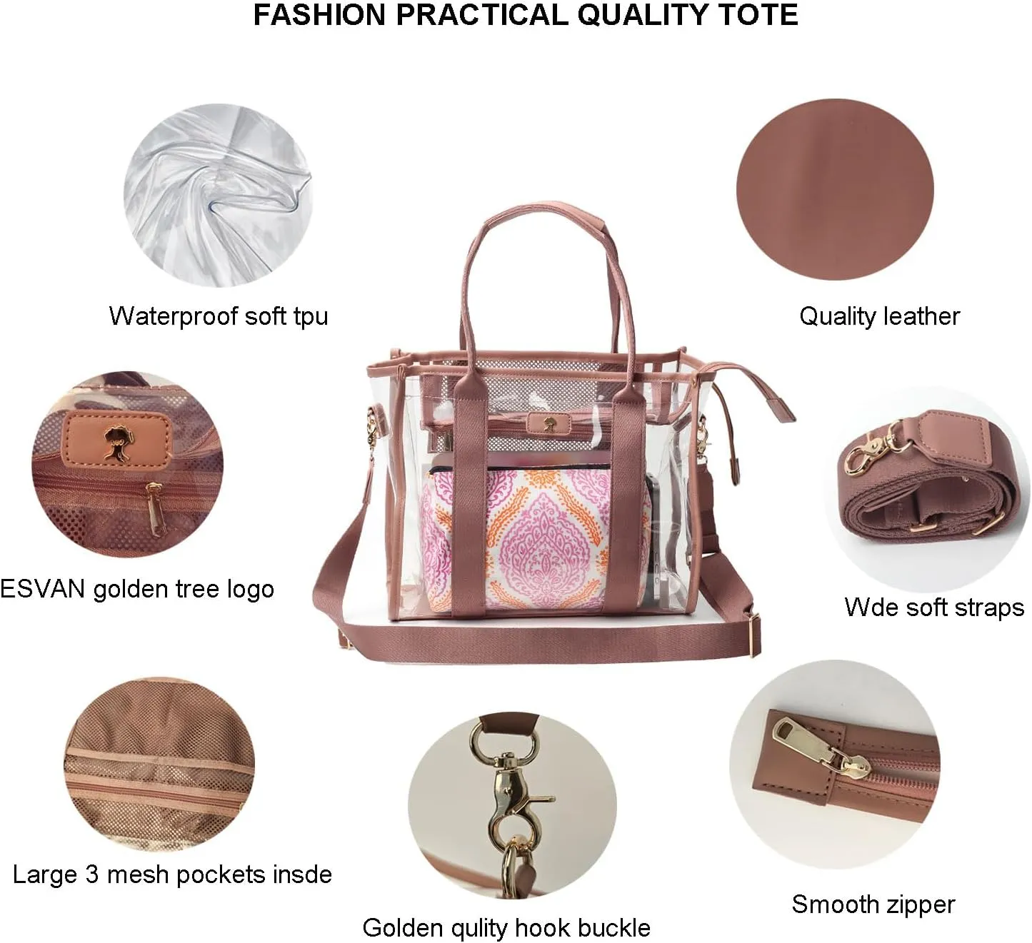 Large Clear Tote Bag Stadium Approved for Stadium Events Transparent Shoulder crossbody Handbag with Adjustable Strap