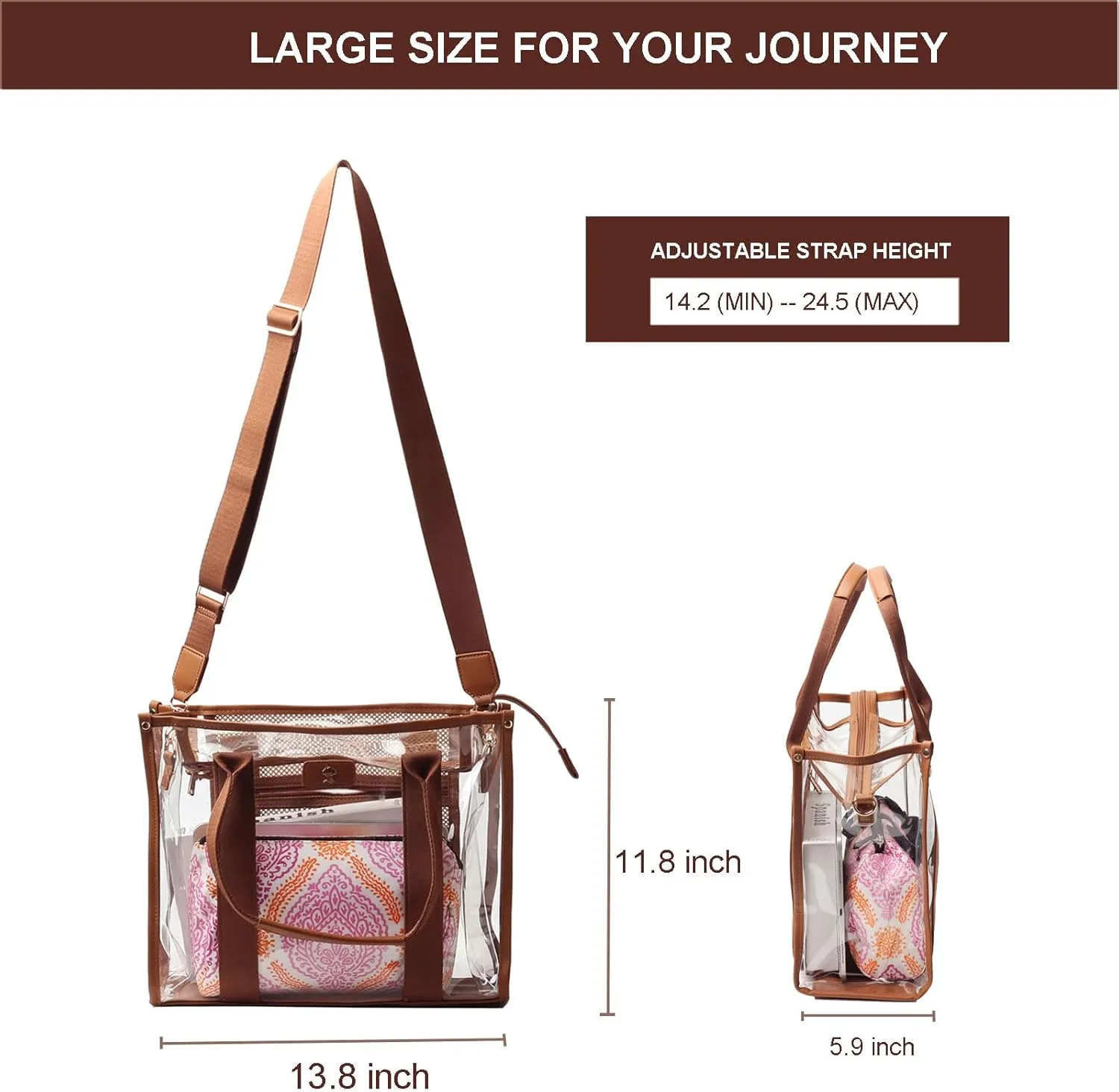Large Clear Tote Bag Stadium Approved for Stadium Events Transparent Shoulder crossbody Handbag with Adjustable Strap