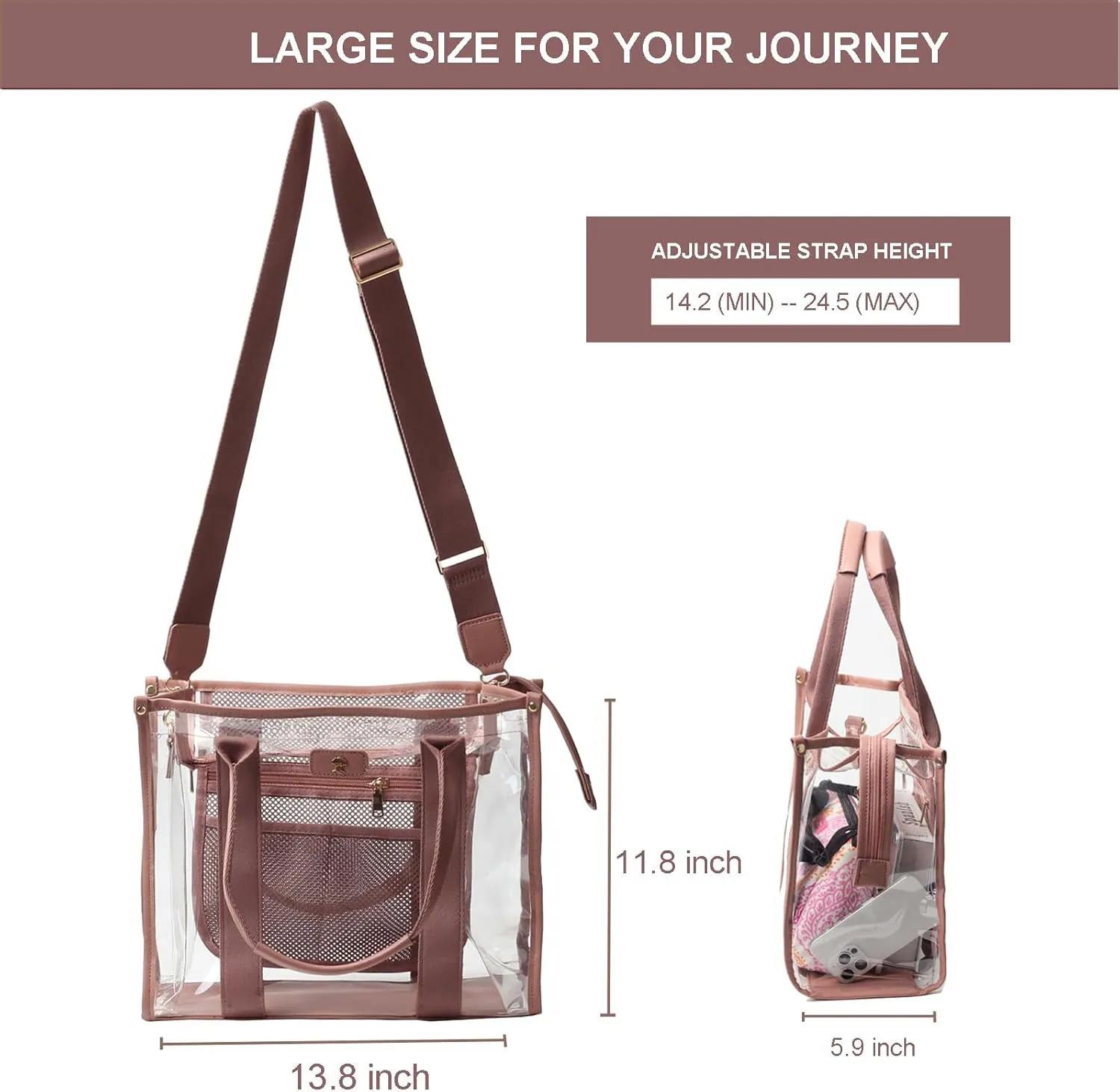 Large Clear Tote Bag Stadium Approved for Stadium Events Transparent Shoulder crossbody Handbag with Adjustable Strap