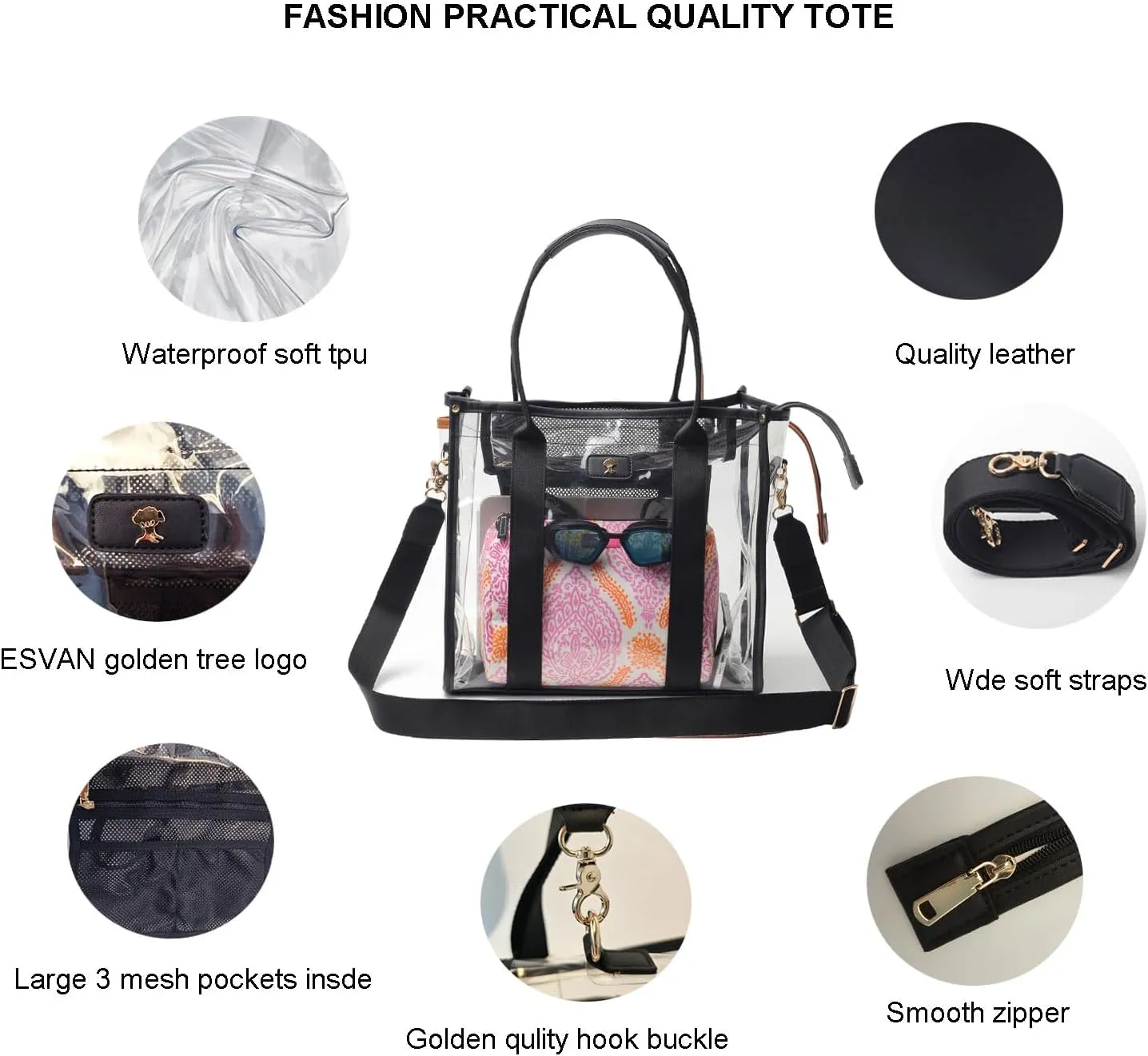 Large Clear Tote Bag Stadium Approved for Stadium Events Transparent Shoulder crossbody Handbag with Adjustable Strap
