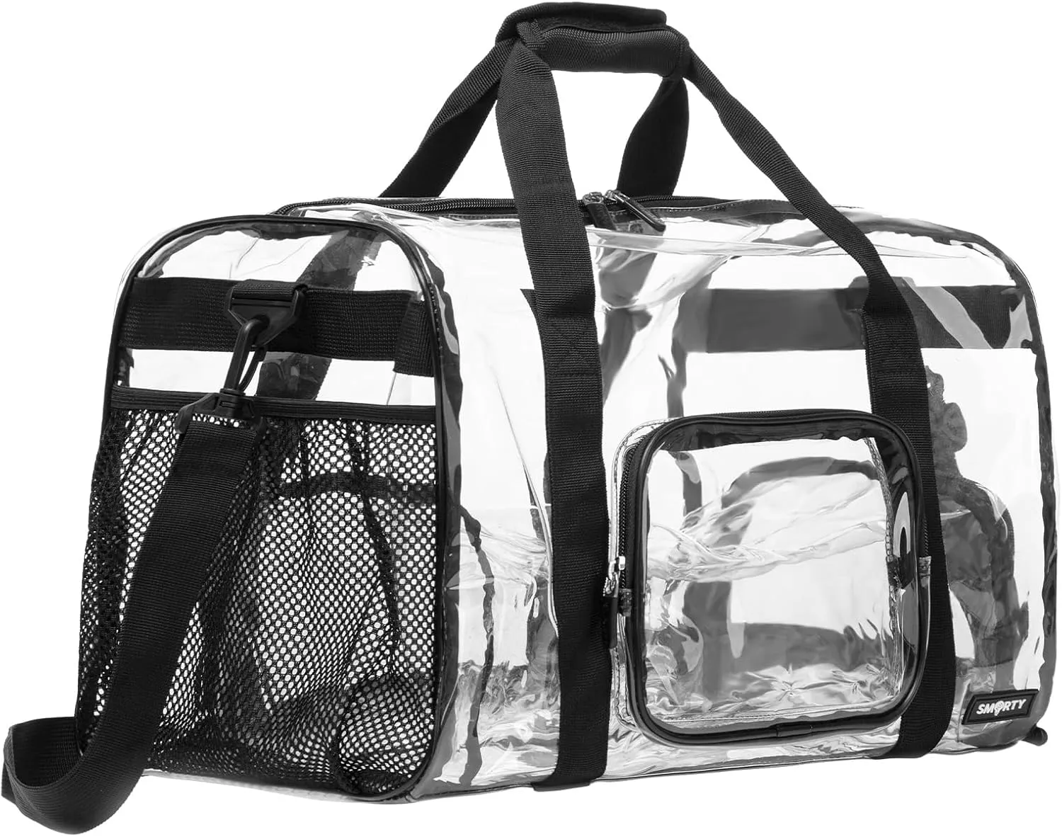 Large Heavy Duty Clear Duffel Bag with Shoes Compartment, Stadium Approved Clear Gym Bag with Adjustable Strap, Clear Tote Handbag Durable Crossbody for Football Basketball Baseball Golf Events Black