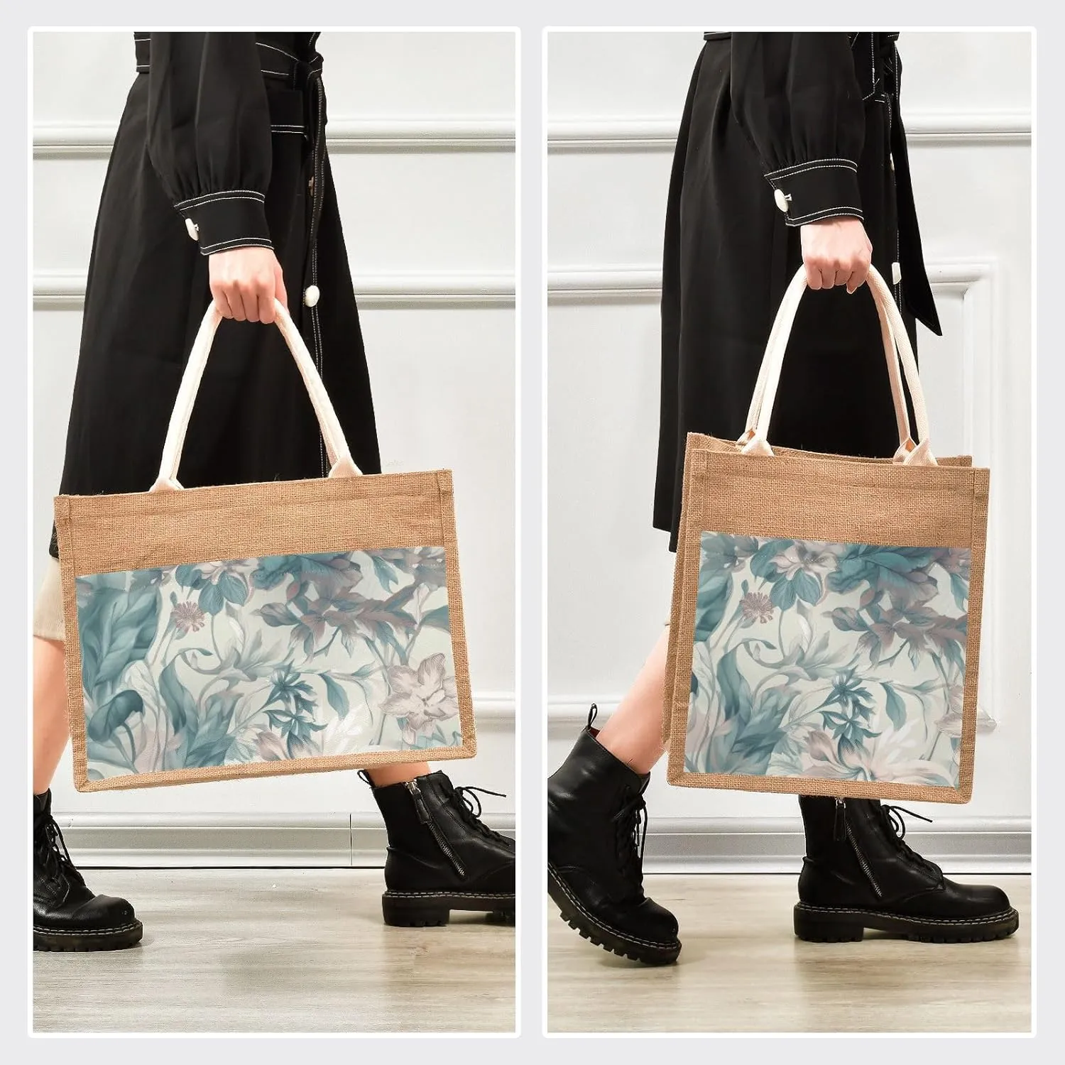 Large Jute Beach Bag Cotton Filled Handle Top Zipper Closure Burlap Tote Handbag 4 Size Pattern 1
