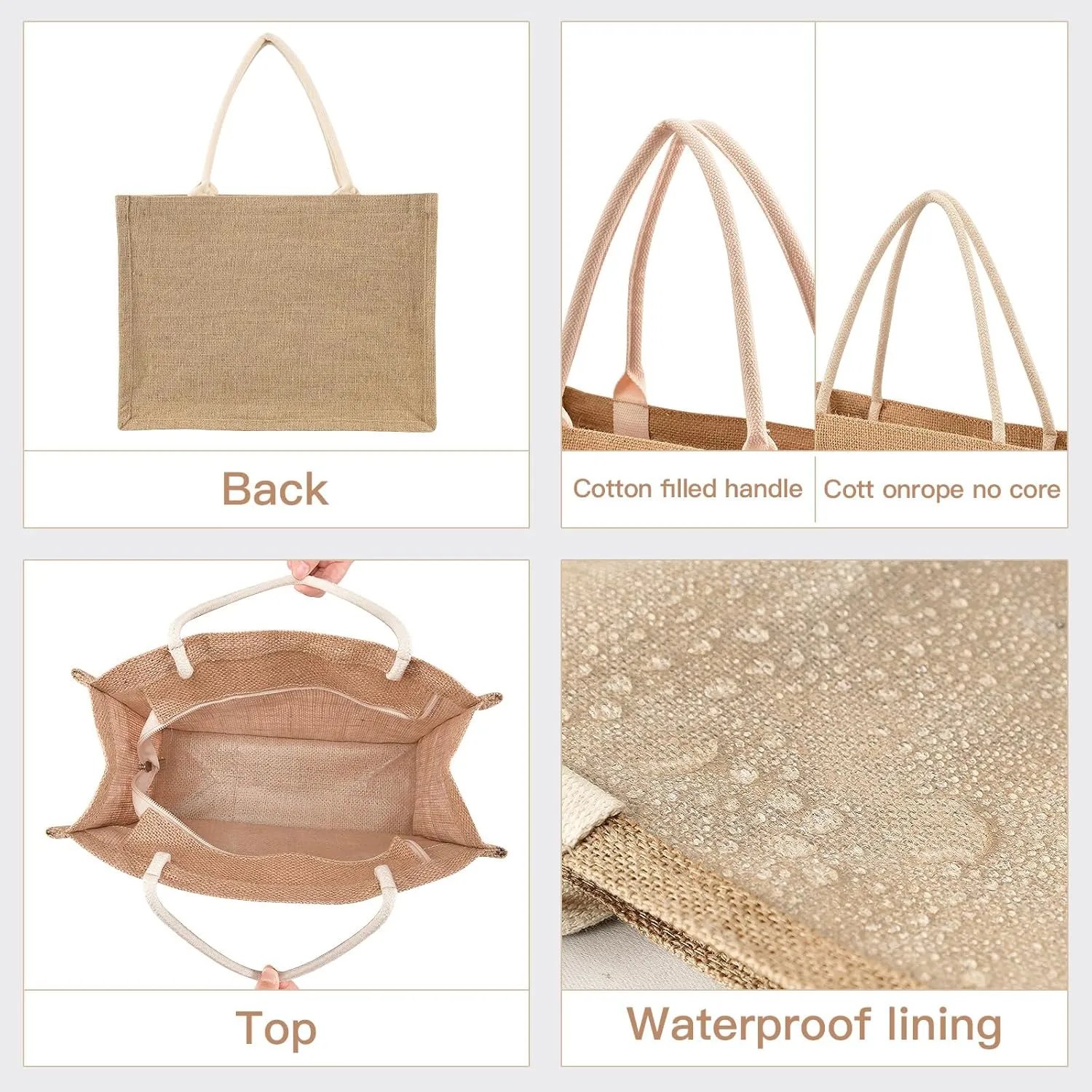 Large Jute Beach Bag Cotton Filled Handle Top Zipper Closure Burlap Tote Handbag 4 Size Pattern 1