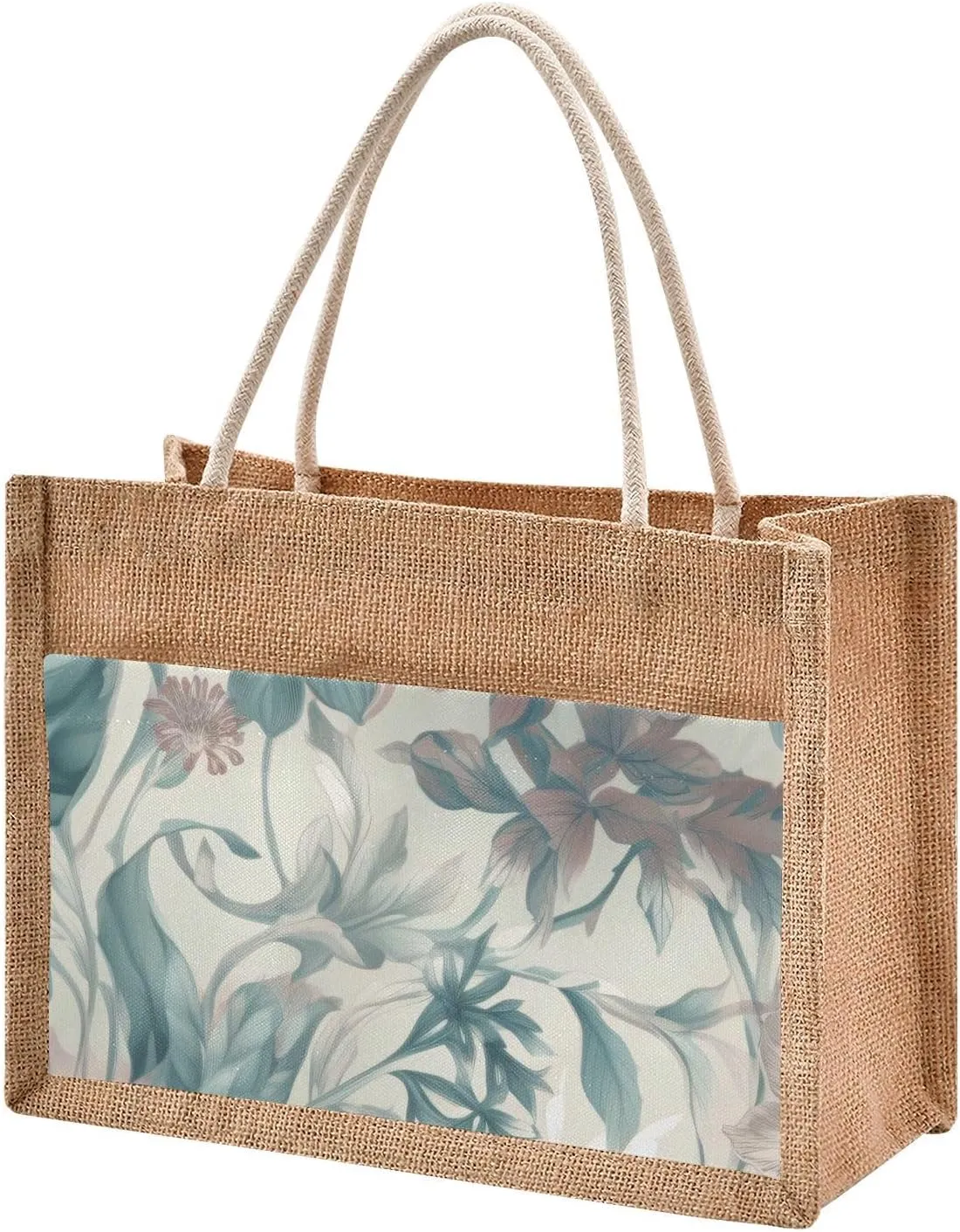 Large Jute Beach Bag Cotton Filled Handle Top Zipper Closure Burlap Tote Handbag 4 Size Pattern 1