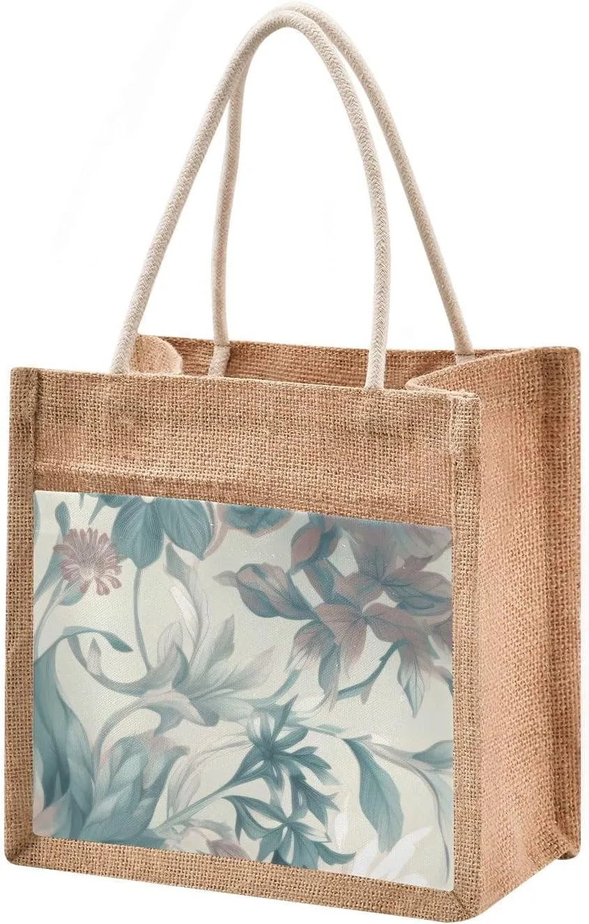 Large Jute Beach Bag Cotton Filled Handle Top Zipper Closure Burlap Tote Handbag 4 Size Pattern 1