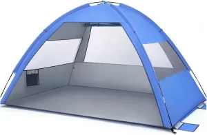 Large Portable Beach Tent Sun Shade for Family Easy Setup Spacious for People Includes Bags Storage Pockets for Camping Vacation Navy