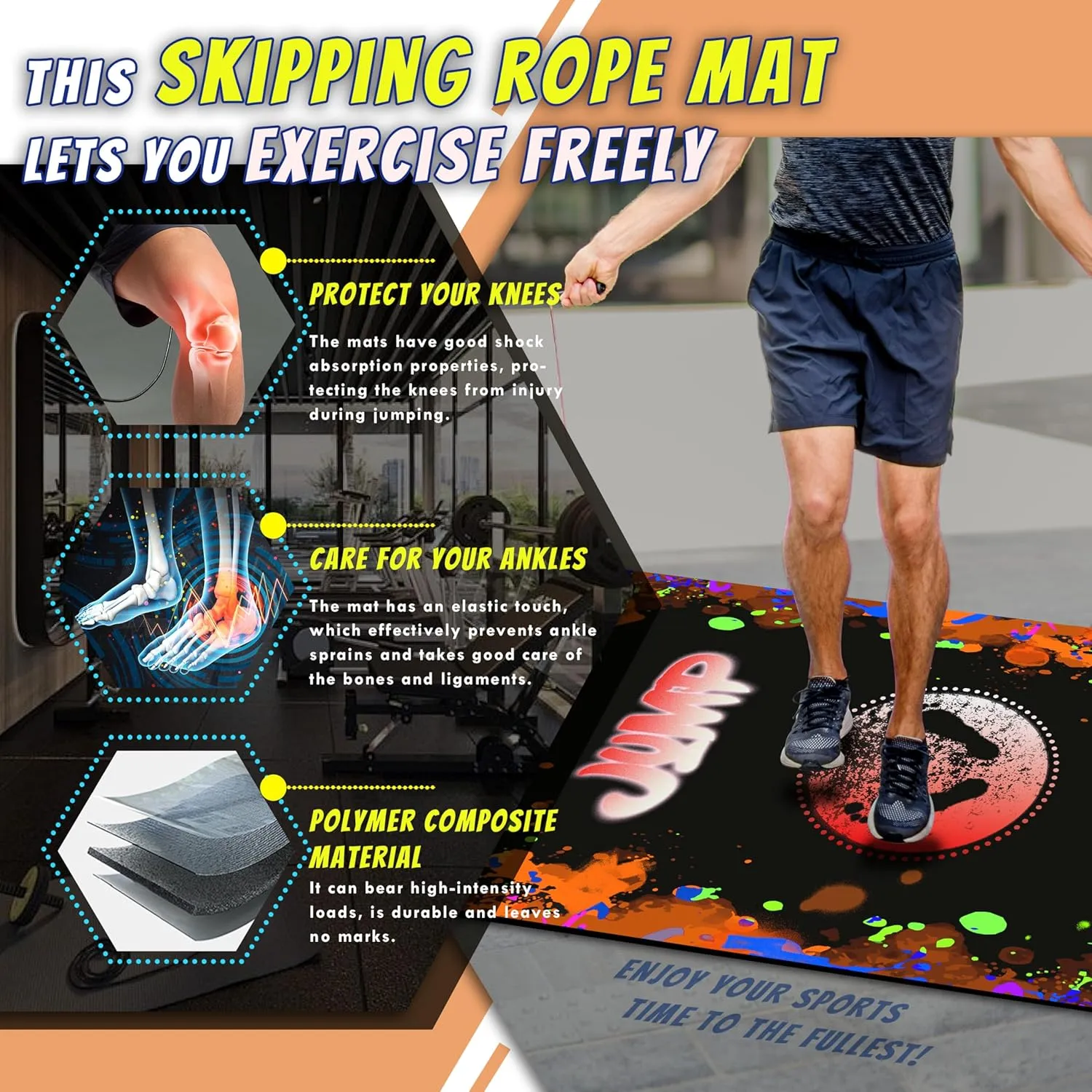 Large Rubber Jump Rope 63"L x 24"W x 0.24" Th Shock Absorbing & Non-Slip Design with Diatom Mud Layer Indoor/Outdoor Exercise Mat for Home Gym, Fitness & Training