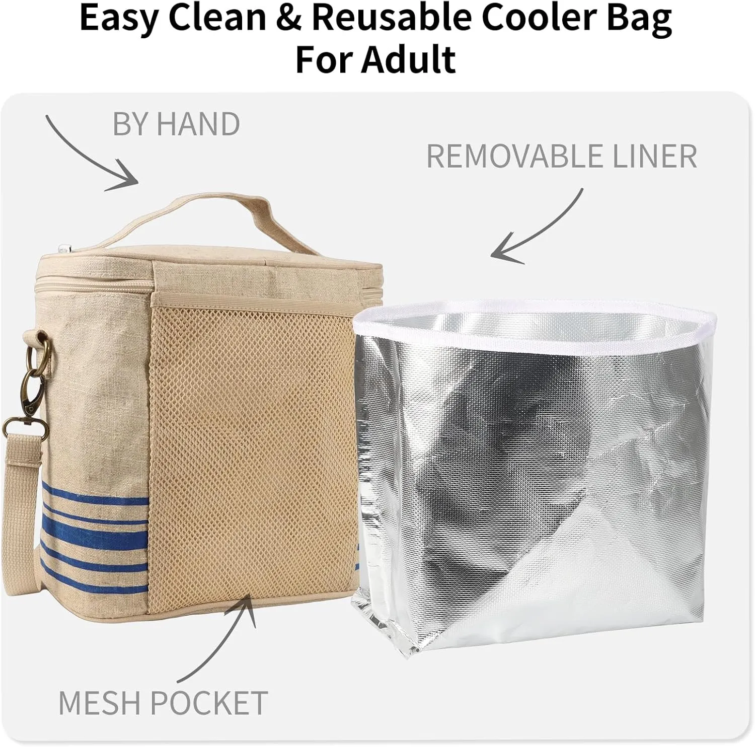 Large Tote Lunch Bag for Women, Thermal Bag with Double Zipper Close and adjustable shoulder strap, Insulated Cooler Bag for Work, Travel & Picnic (Blue Stripe)