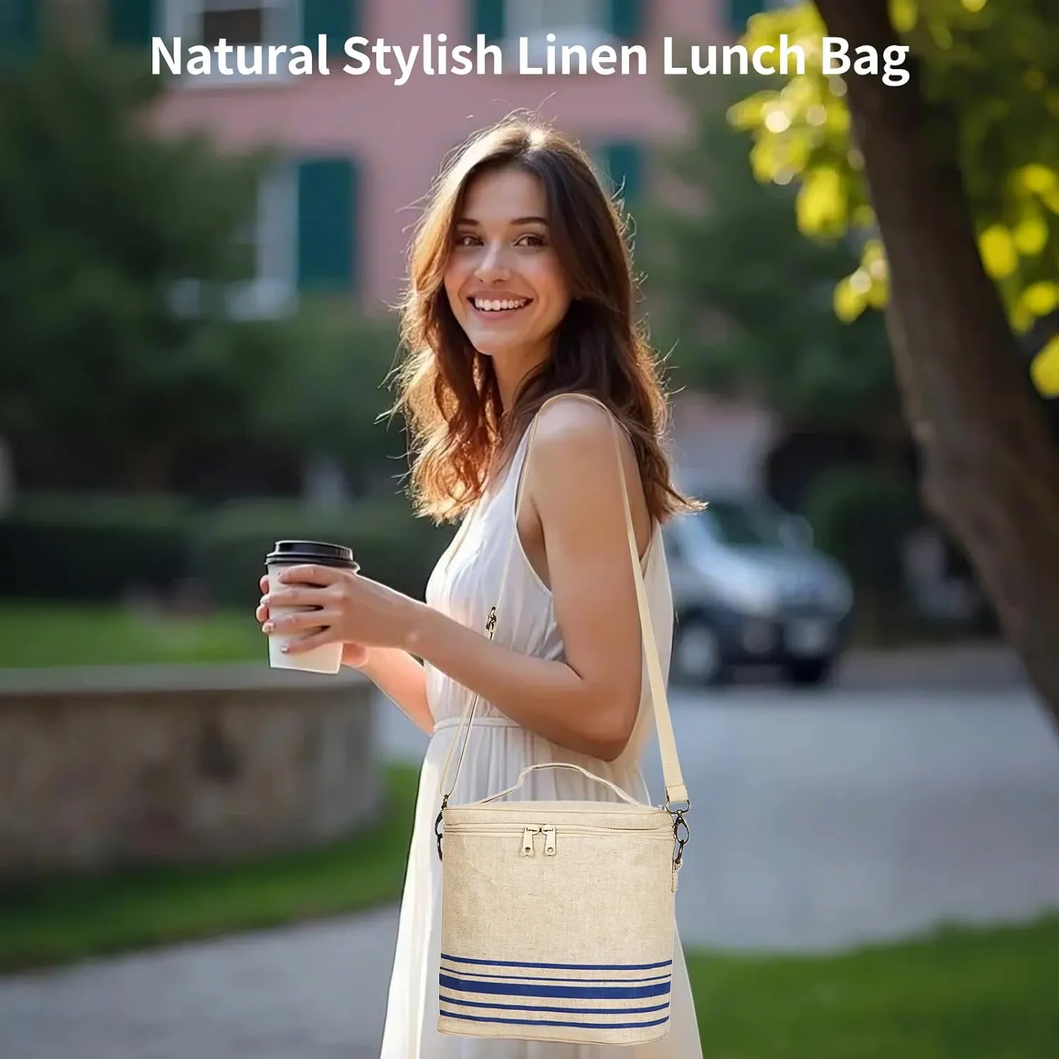 Large Tote Lunch Bag for Women, Thermal Bag with Double Zipper Close and adjustable shoulder strap, Insulated Cooler Bag for Work, Travel & Picnic (Blue Stripe)