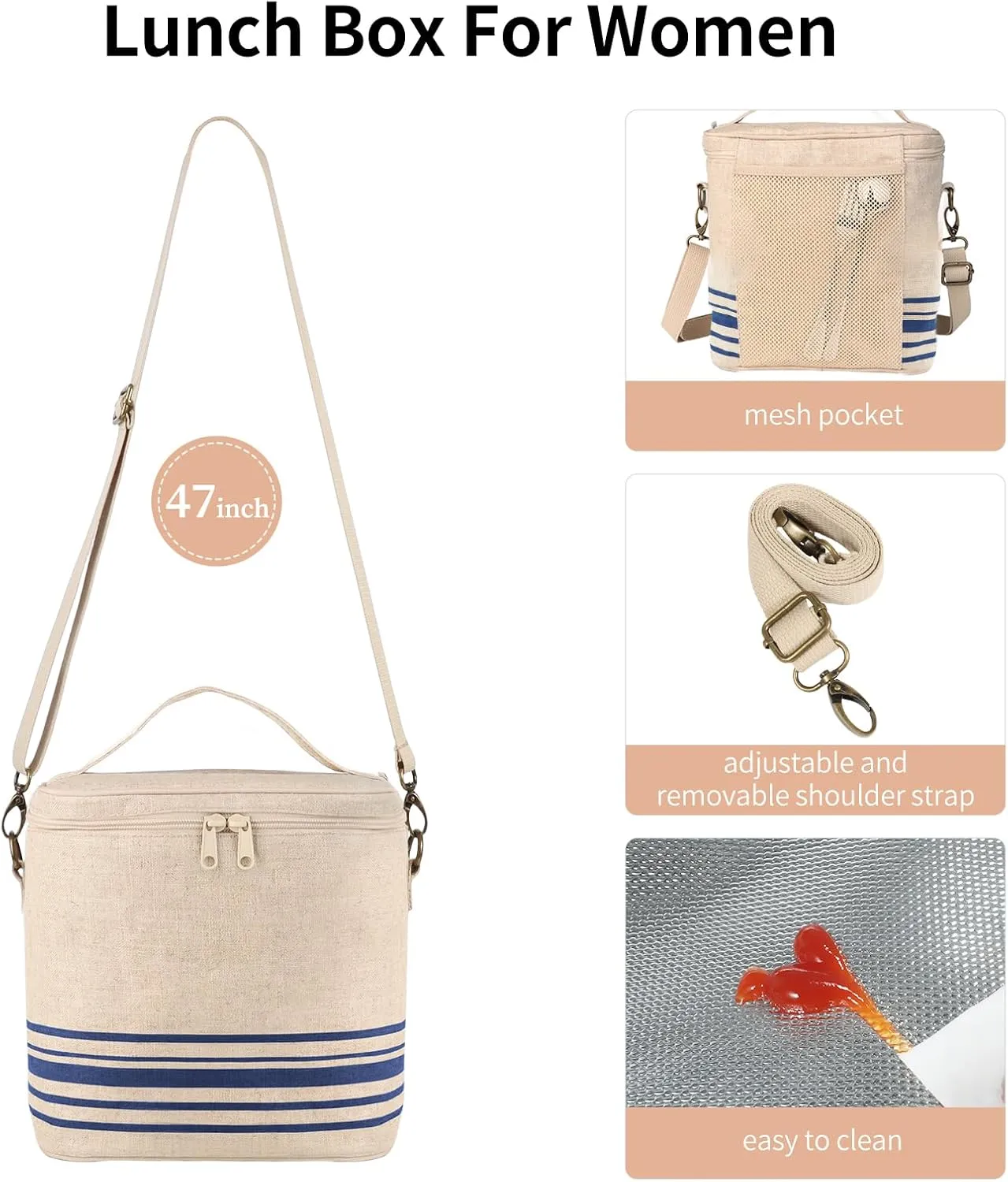 Large Tote Lunch Bag for Women, Thermal Bag with Double Zipper Close and adjustable shoulder strap, Insulated Cooler Bag for Work, Travel & Picnic (Blue Stripe)