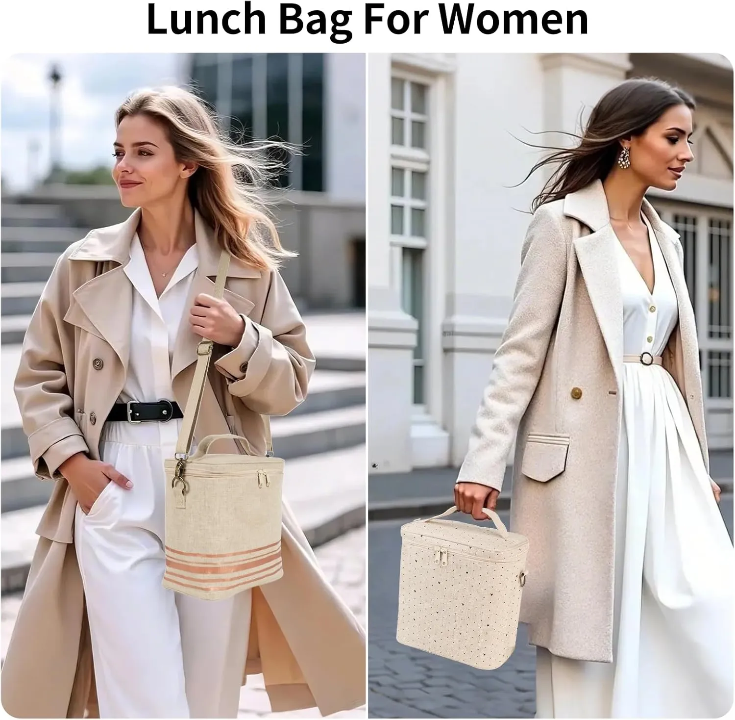 Large Tote Lunch Bag for Women, Thermal Bag with Double Zipper Close and adjustable shoulder strap, Insulated Cooler Bag for Work, Travel & Picnic (Blue Stripe)
