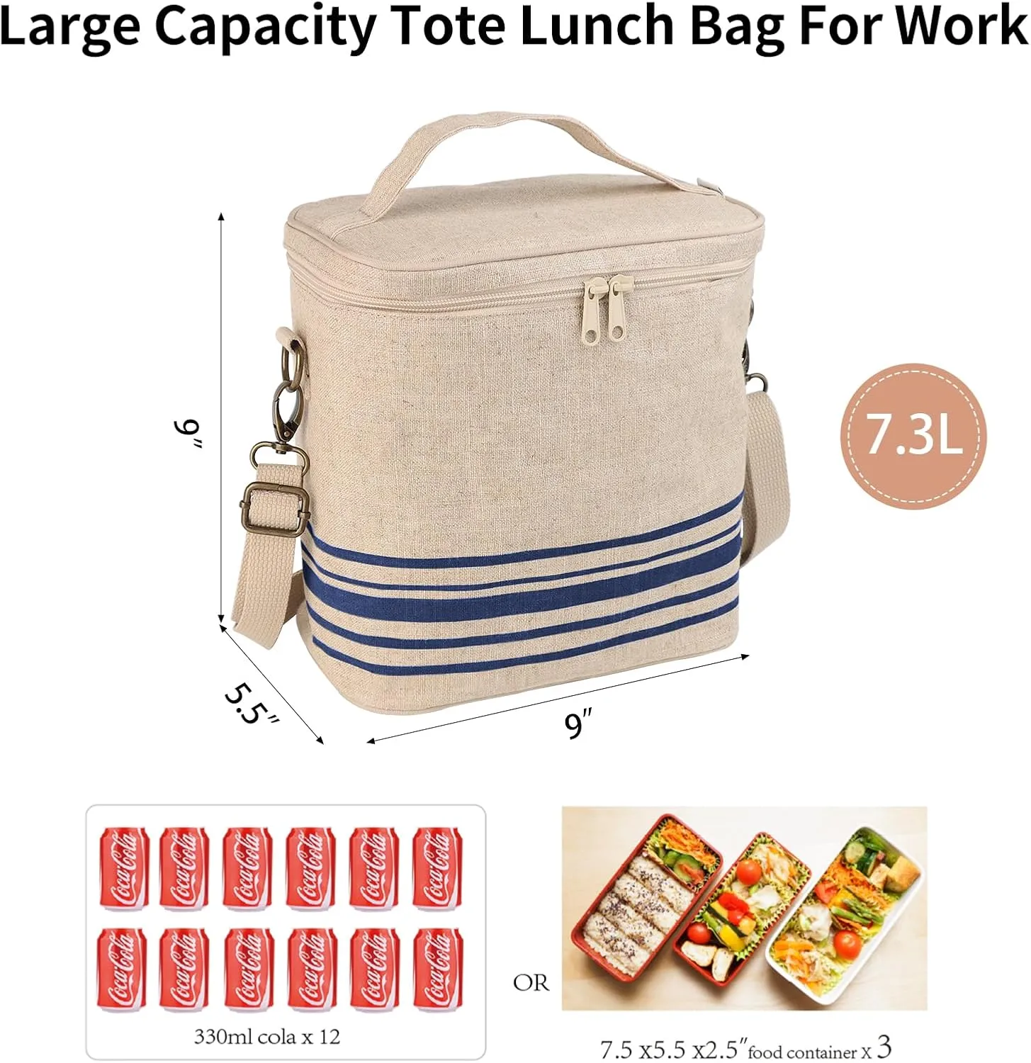 Large Tote Lunch Bag for Women, Thermal Bag with Double Zipper Close and adjustable shoulder strap, Insulated Cooler Bag for Work, Travel & Picnic (Blue Stripe)