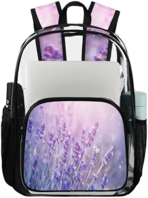 Lavender Flowers Clear Backpack Stadium Approved Heavy Duty Transparent Backpack for Women Men Large PVC See Through Bag for Sports Event Concert Festival Work Travel