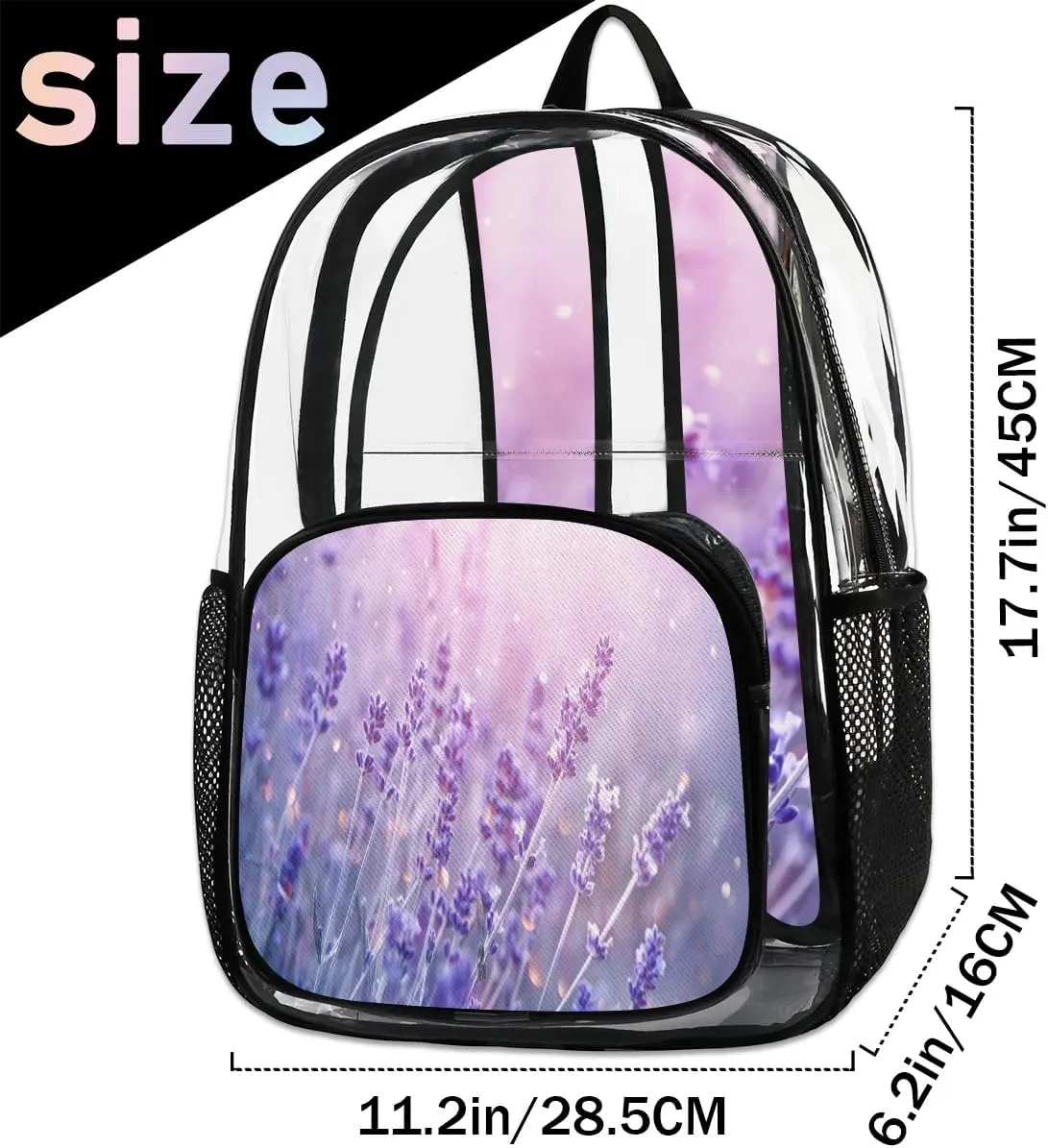 Lavender Flowers Clear Backpack Stadium Approved Heavy Duty Transparent Backpack for Women Men Large PVC See Through Bag for Sports Event Concert Festival Work Travel