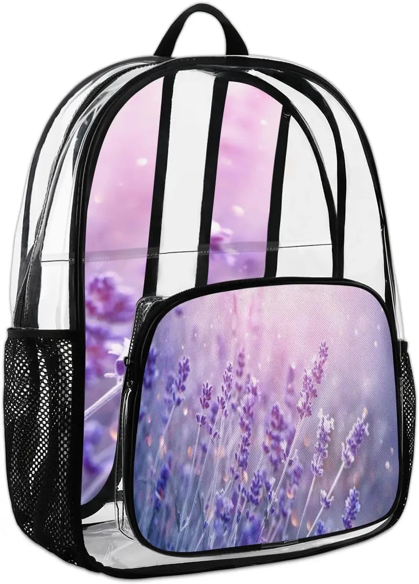 Lavender Flowers Clear Backpack Stadium Approved Heavy Duty Transparent Backpack for Women Men Large PVC See Through Bag for Sports Event Concert Festival Work Travel