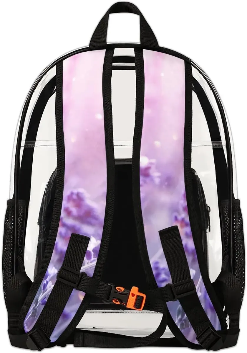 Lavender Flowers Clear Backpack Stadium Approved Heavy Duty Transparent Backpack for Women Men Large PVC See Through Bag for Sports Event Concert Festival Work Travel