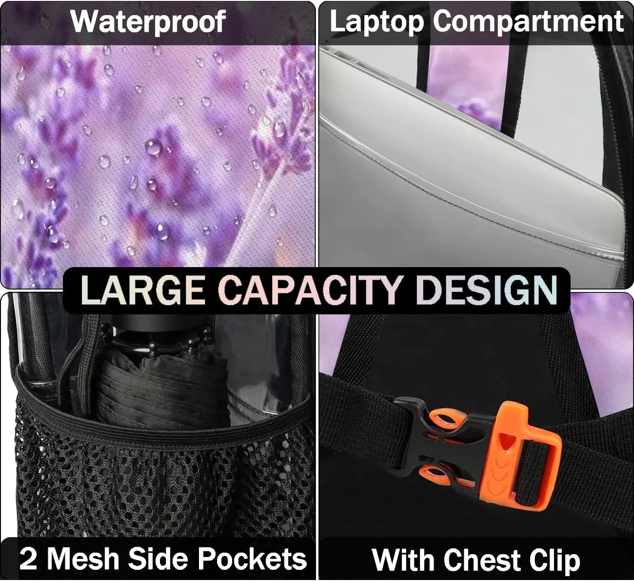 Lavender Flowers Clear Backpack Stadium Approved Heavy Duty Transparent Backpack for Women Men Large PVC See Through Bag for Sports Event Concert Festival Work Travel