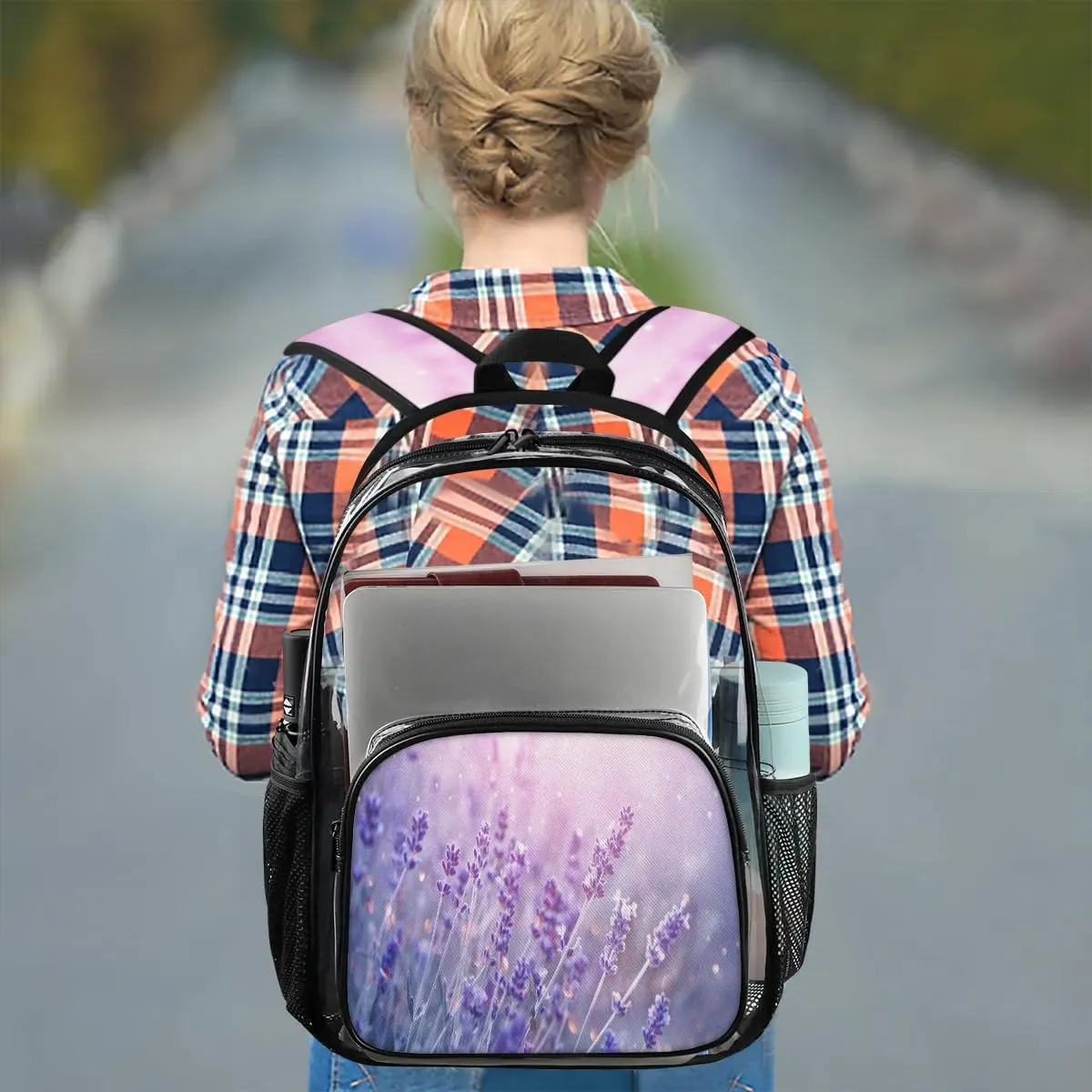 Lavender Flowers Clear Backpack Stadium Approved Heavy Duty Transparent Backpack for Women Men Large PVC See Through Bag for Sports Event Concert Festival Work Travel