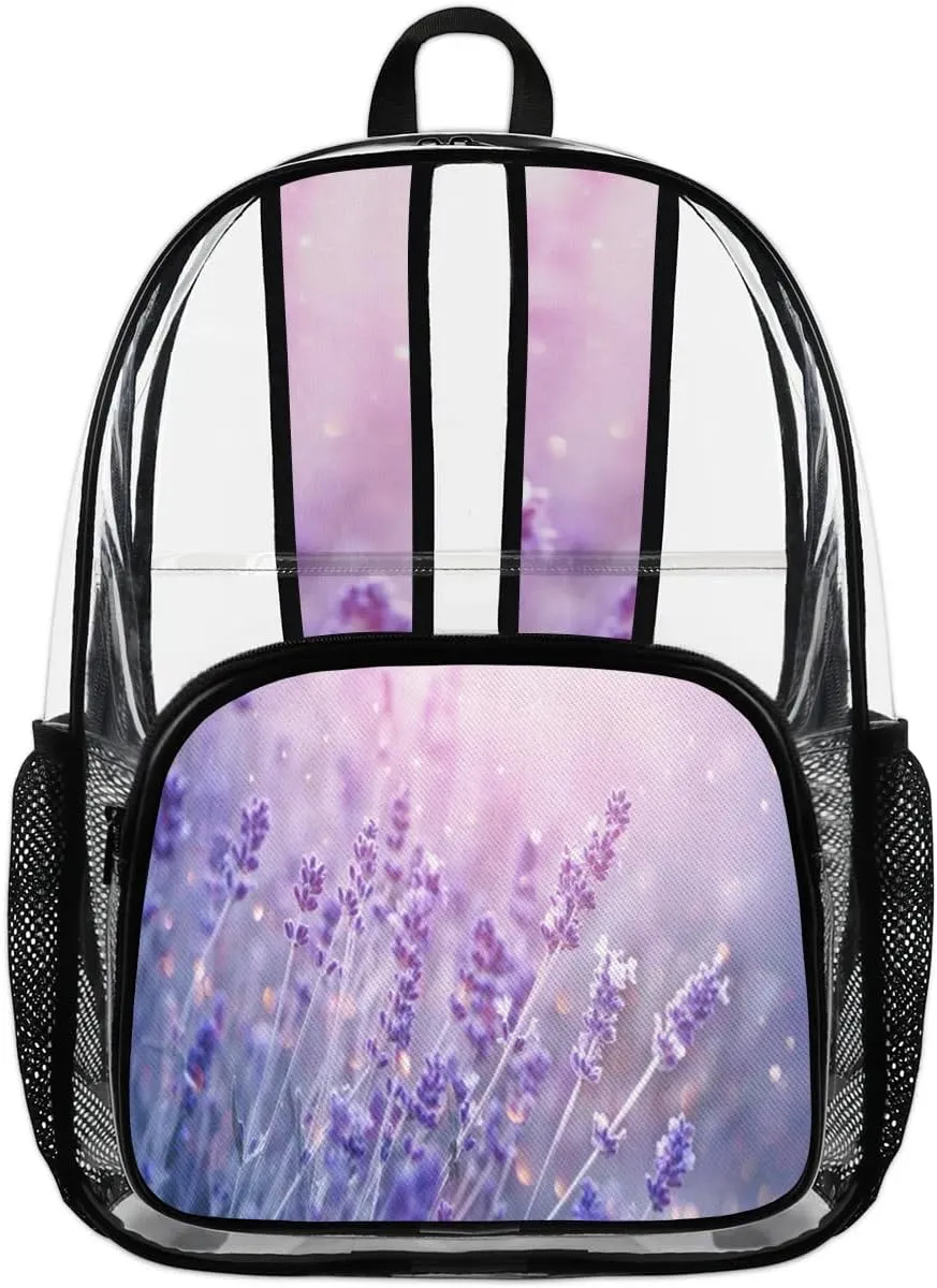 Lavender Flowers Clear Backpack Stadium Approved Heavy Duty Transparent Backpack for Women Men Large PVC See Through Bag for Sports Event Concert Festival Work Travel