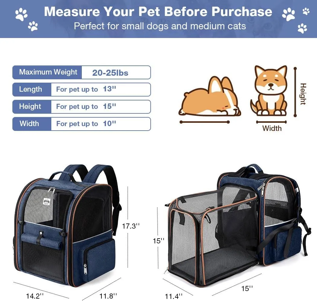 Lekebobor Extra Large Cat Backpack Carrier Expandable Pet Carrier Backpack for Small Dogs Medium Cats Fit Up to 18 Lbs, Dog Backpack Carrier, Foldable Puppy Backpack Carrier for Travel, Hiking,Blue