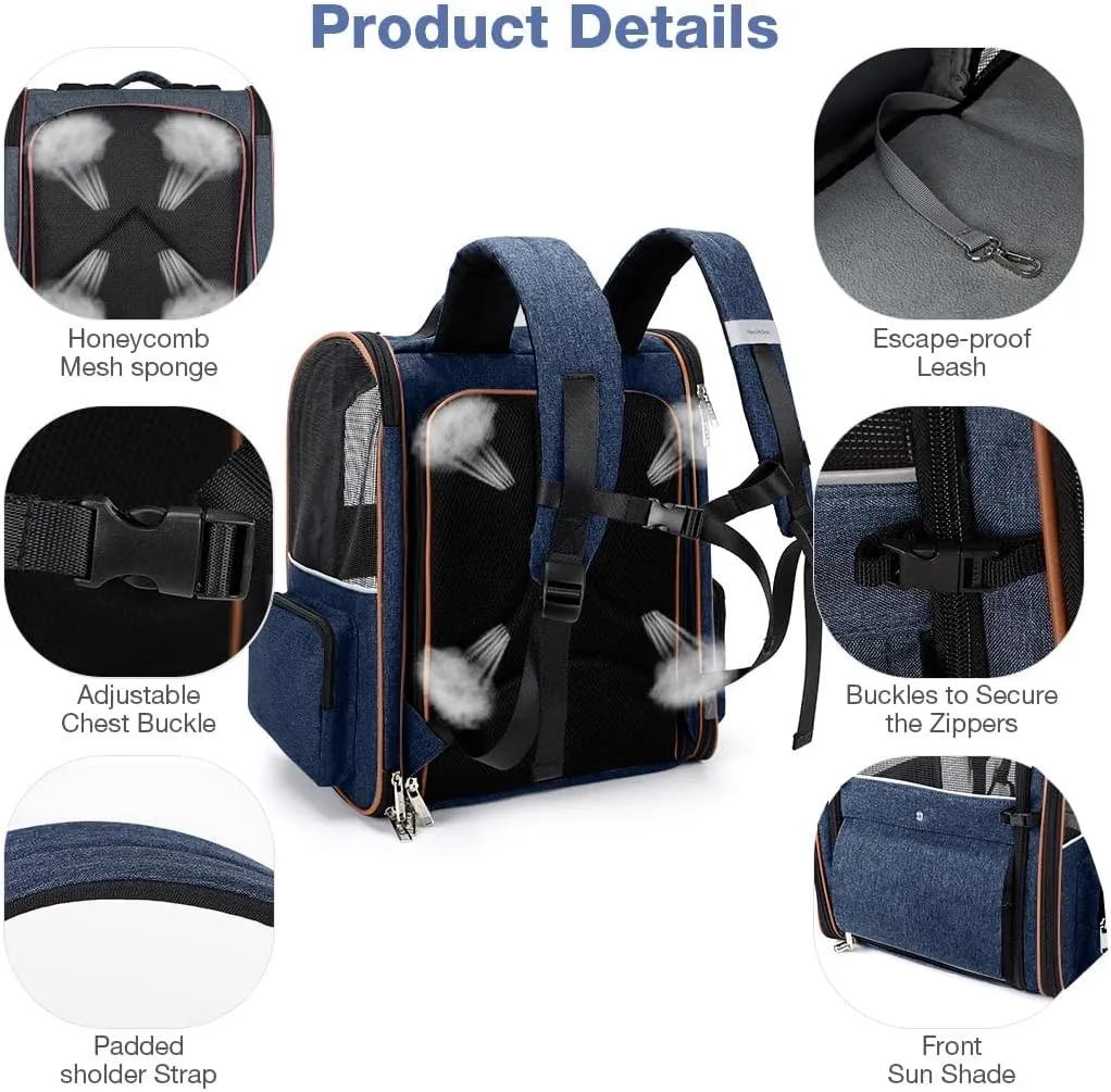 Lekebobor Extra Large Cat Backpack Carrier Expandable Pet Carrier Backpack for Small Dogs Medium Cats Fit Up to 18 Lbs, Dog Backpack Carrier, Foldable Puppy Backpack Carrier for Travel, Hiking,Blue