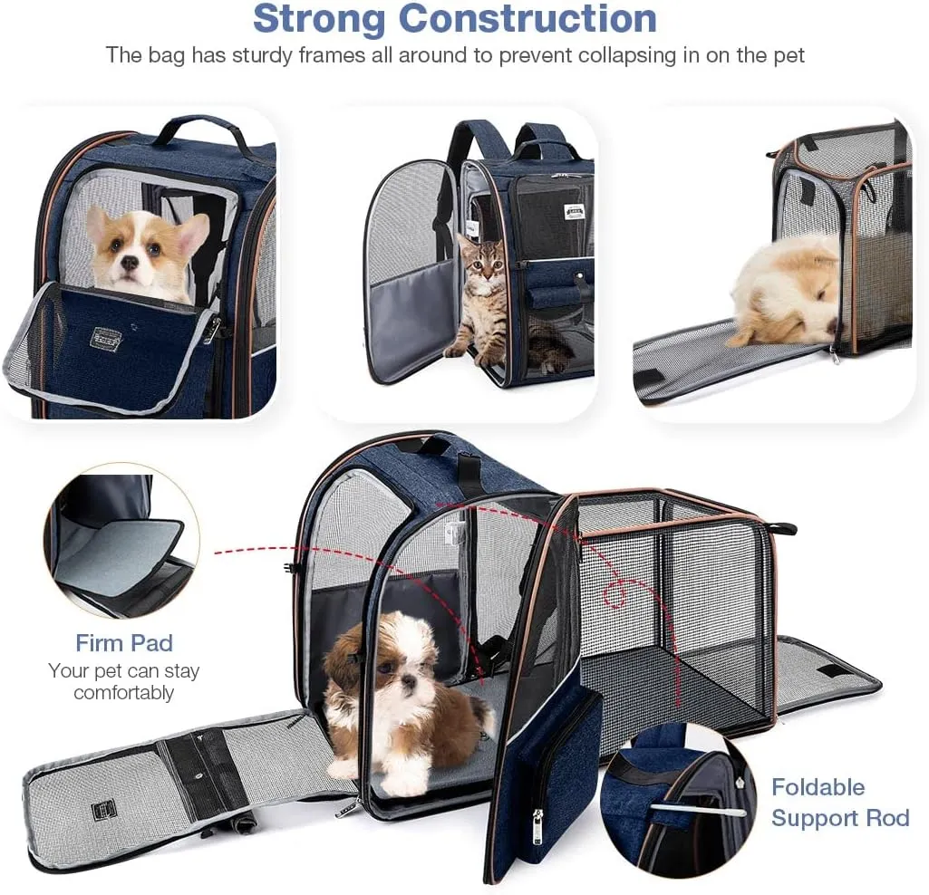 Lekebobor Extra Large Cat Backpack Carrier Expandable Pet Carrier Backpack for Small Dogs Medium Cats Fit Up to 18 Lbs, Dog Backpack Carrier, Foldable Puppy Backpack Carrier for Travel, Hiking,Blue
