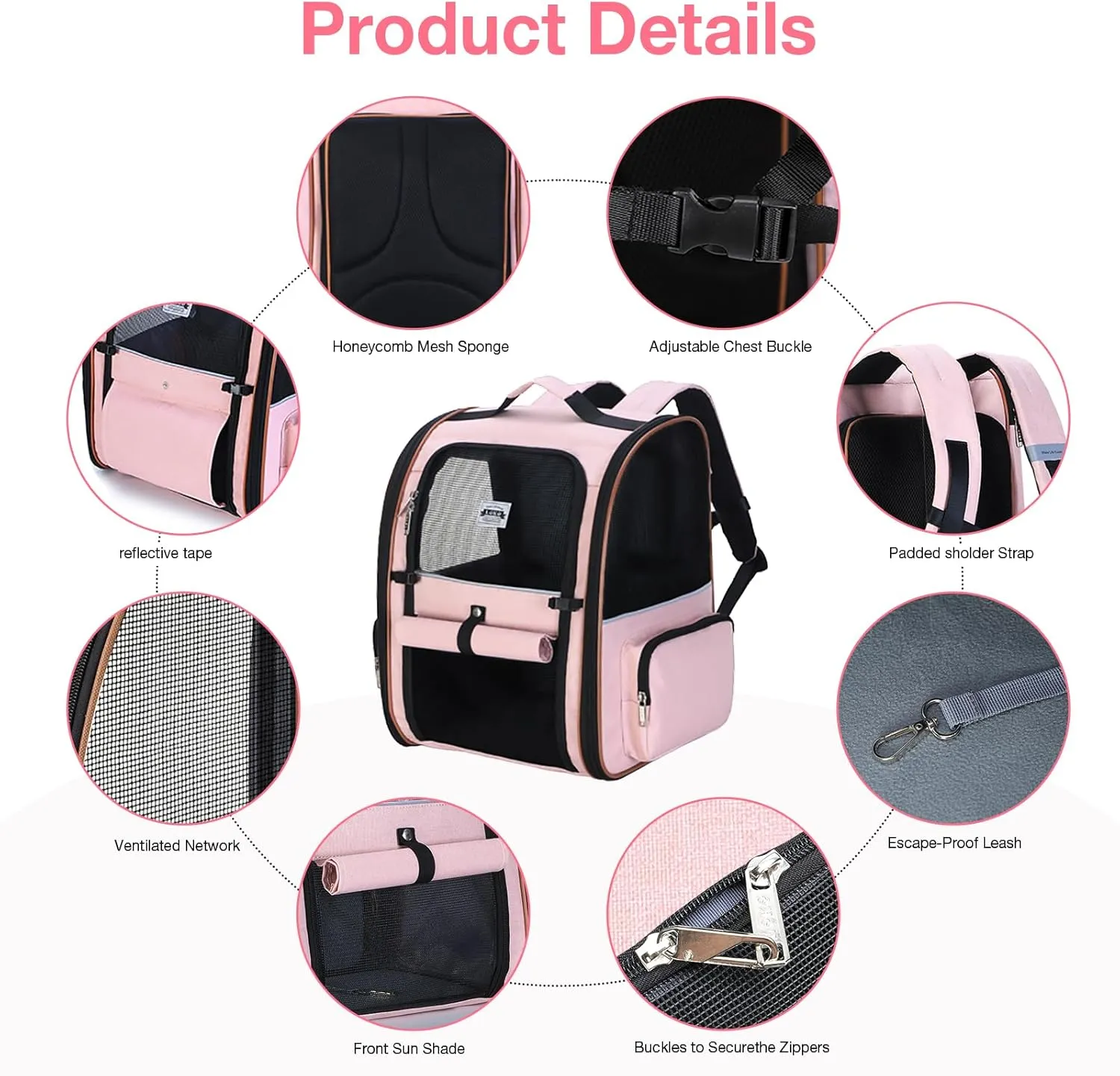 Lekebobor Large Cat Backpack Carrier Expandable Pet Carrier Backpack for Small Dogs Medium Cats Fit Up to 18 Lbs, Dog Backpack Carrier, Foldable Puppy Backpack Carrier for Travel, Hiking,Pink