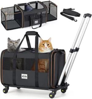 Lekereise Cat Dog Carrier with Wheels for 2 Cats, Expandable Double Cat Carrier with Wheels, Large Rolling Pet Carrier, Wheeled Pet Carrier with Telescopic Handle, Black