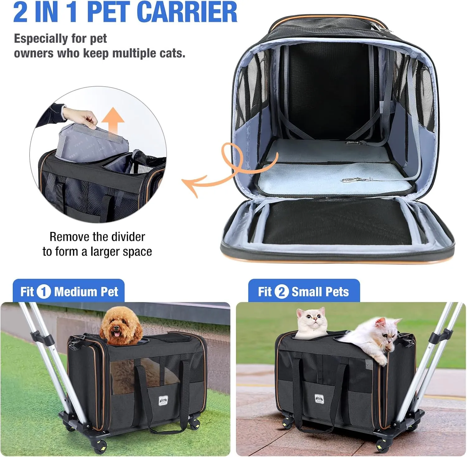 Lekereise Cat Dog Carrier with Wheels for 2 Cats, Expandable Double Cat Carrier with Wheels, Large Rolling Pet Carrier, Wheeled Pet Carrier with Telescopic Handle, Black