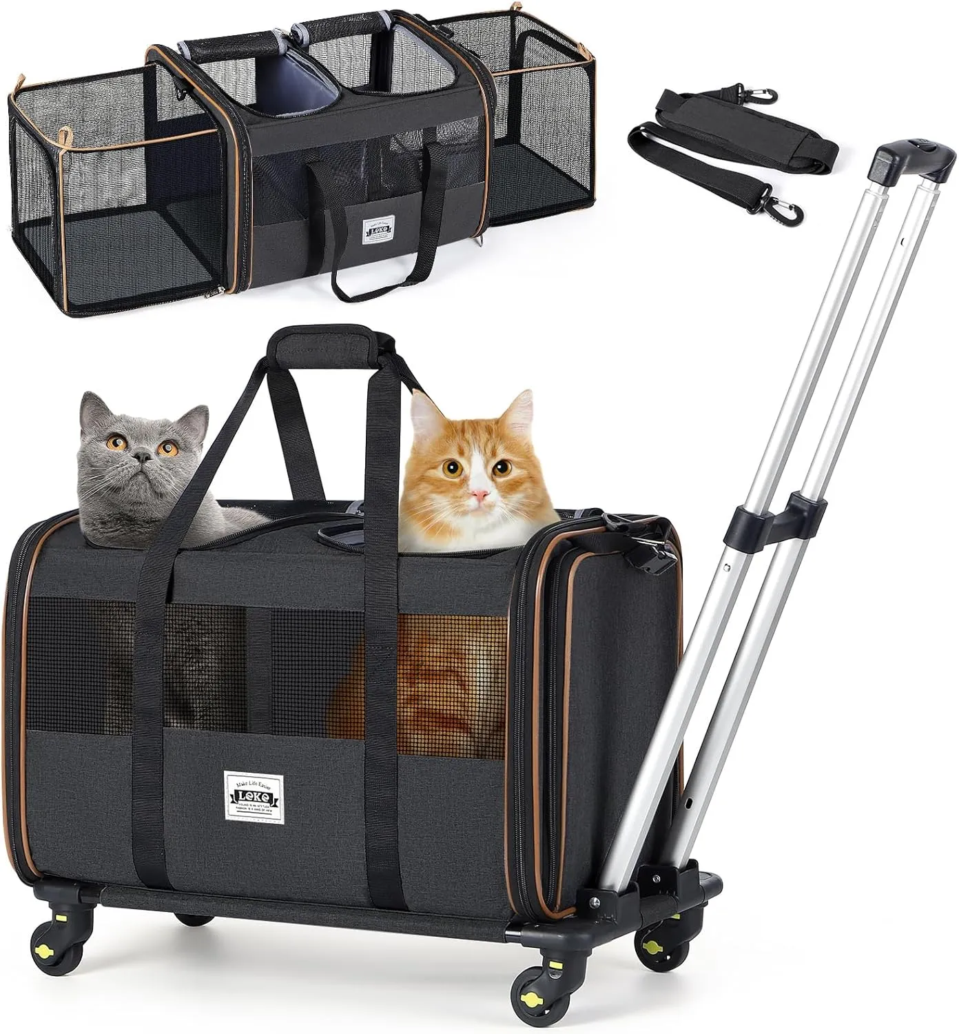 Lekereise Cat Dog Carrier with Wheels for 2 Cats, Expandable Double Cat Carrier with Wheels, Large Rolling Pet Carrier, Wheeled Pet Carrier with Telescopic Handle, Black