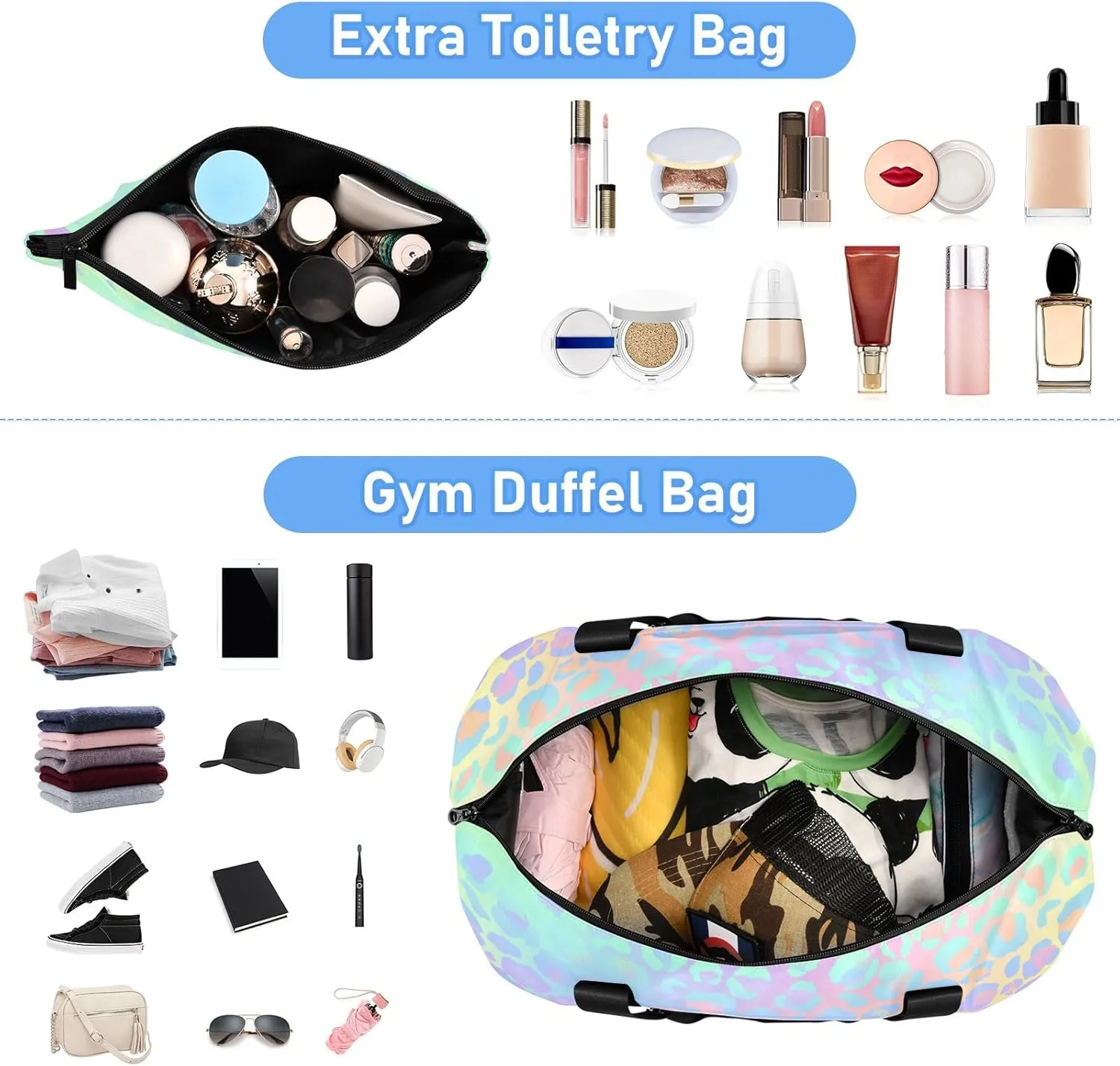 Leopard Print Cheetah Rainbow(20d1) Travel Duffel Gym Sports Luggage Bag Expandable Large Capacity Sports Bag for Women and Men(238ri3b)
