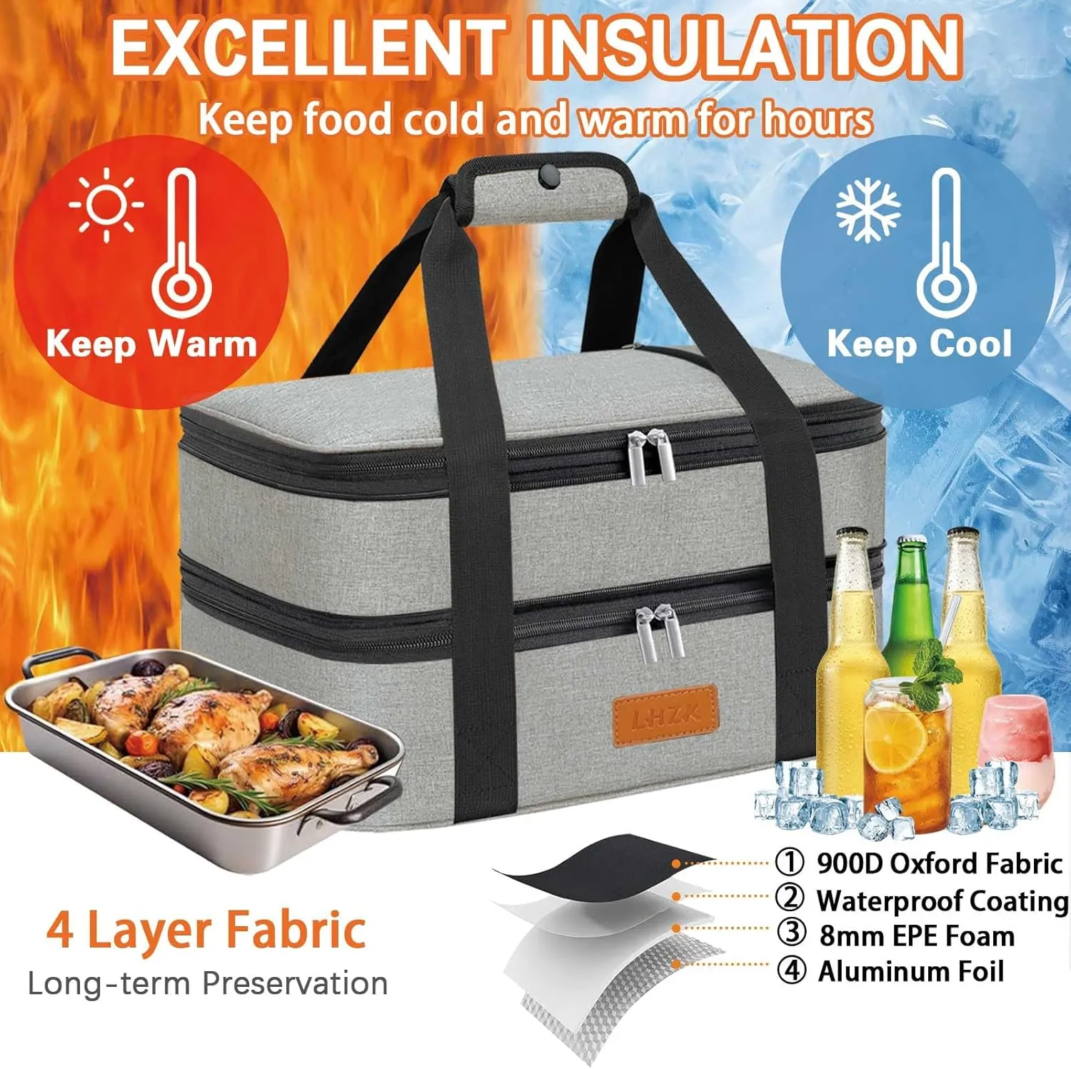 LHZK Double Insulated Casserole Carrier for Hot or Cold Food, Lasagna Holder Tote for Potluck Parties, Beach, Picnic, Travel, Fits 11x15 or 9x13 Dish (Grey)