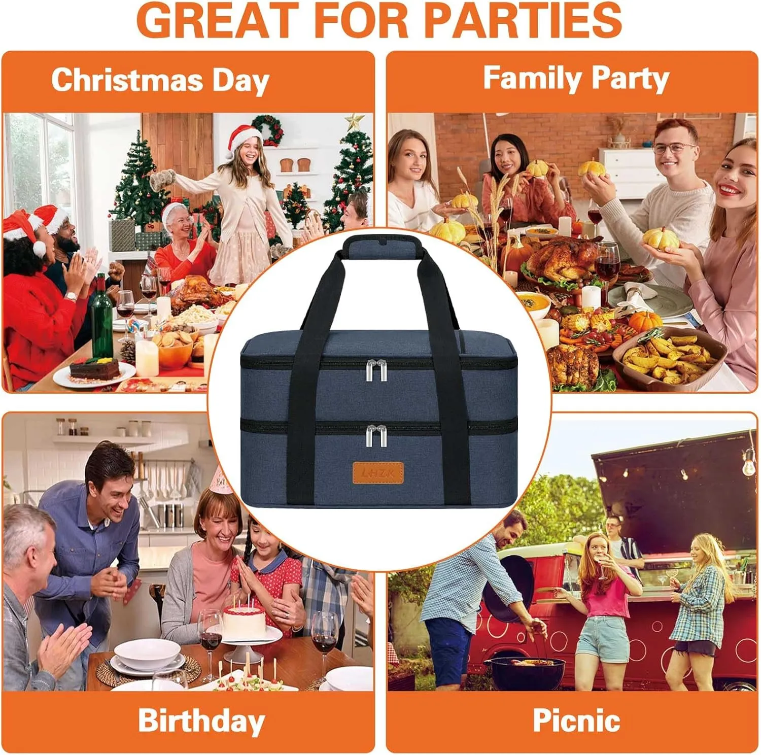LHZK Double Insulated Casserole Carriers for Hot or Cold Food, Lasagna Holder Tote for Potluck Parties, Beach, Picnic, Travel, Fits 11x15 or 9x13 Dish (Blue)