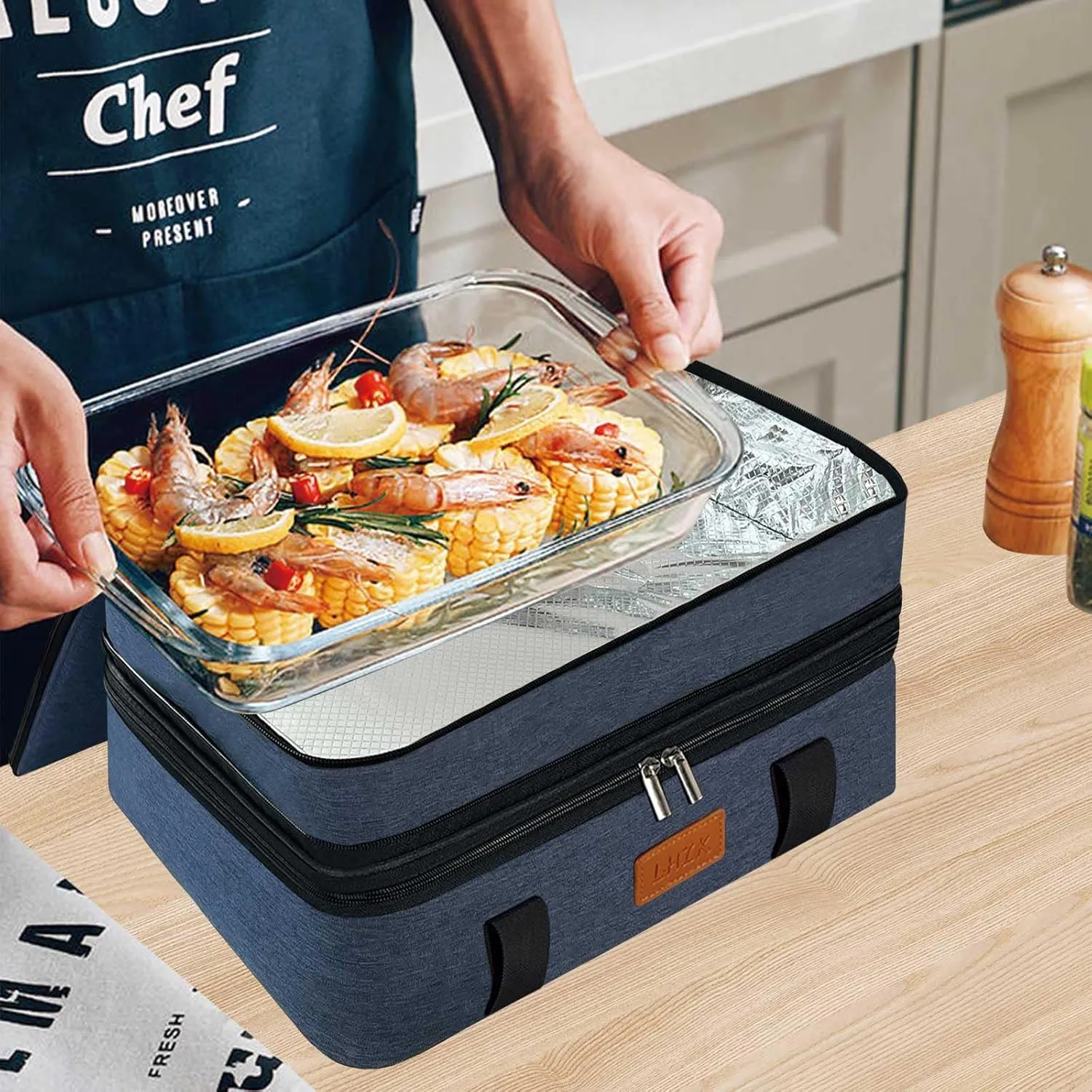 LHZK Double Insulated Casserole Carriers for Hot or Cold Food, Lasagna Holder Tote for Potluck Parties, Beach, Picnic, Travel, Fits 11x15 or 9x13 Dish (Blue)