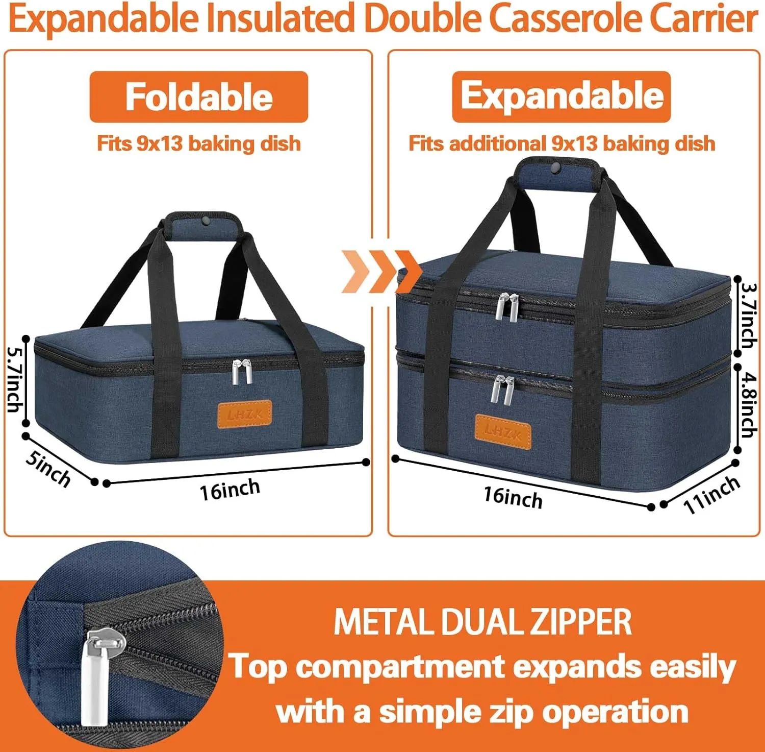 LHZK Double Insulated Casserole Carriers for Hot or Cold Food, Lasagna Holder Tote for Potluck Parties, Beach, Picnic, Travel, Fits 11x15 or 9x13 Dish (Blue)