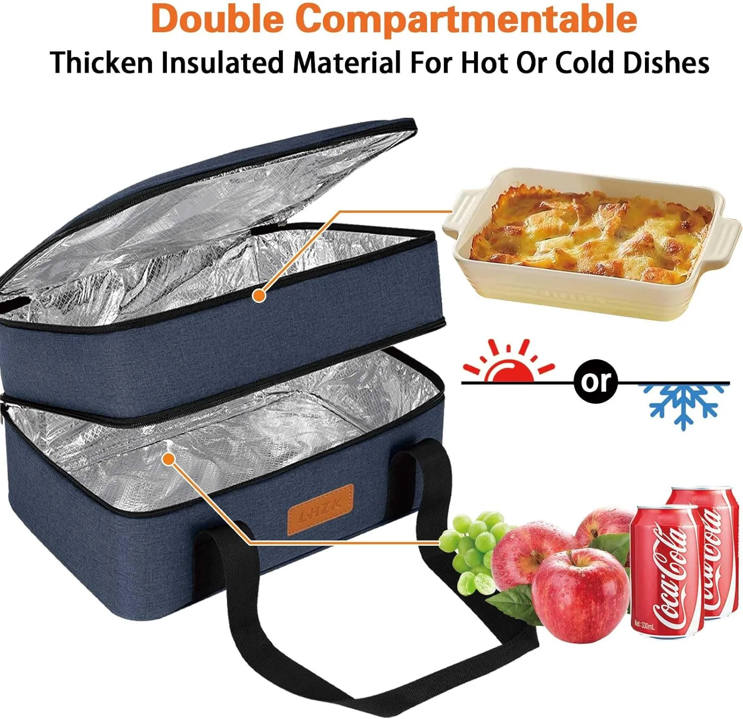 LHZK Double Insulated Casserole Carriers for Hot or Cold Food, Lasagna Holder Tote for Potluck Parties, Beach, Picnic, Travel, Fits 11x15 or 9x13 Dish (Blue)