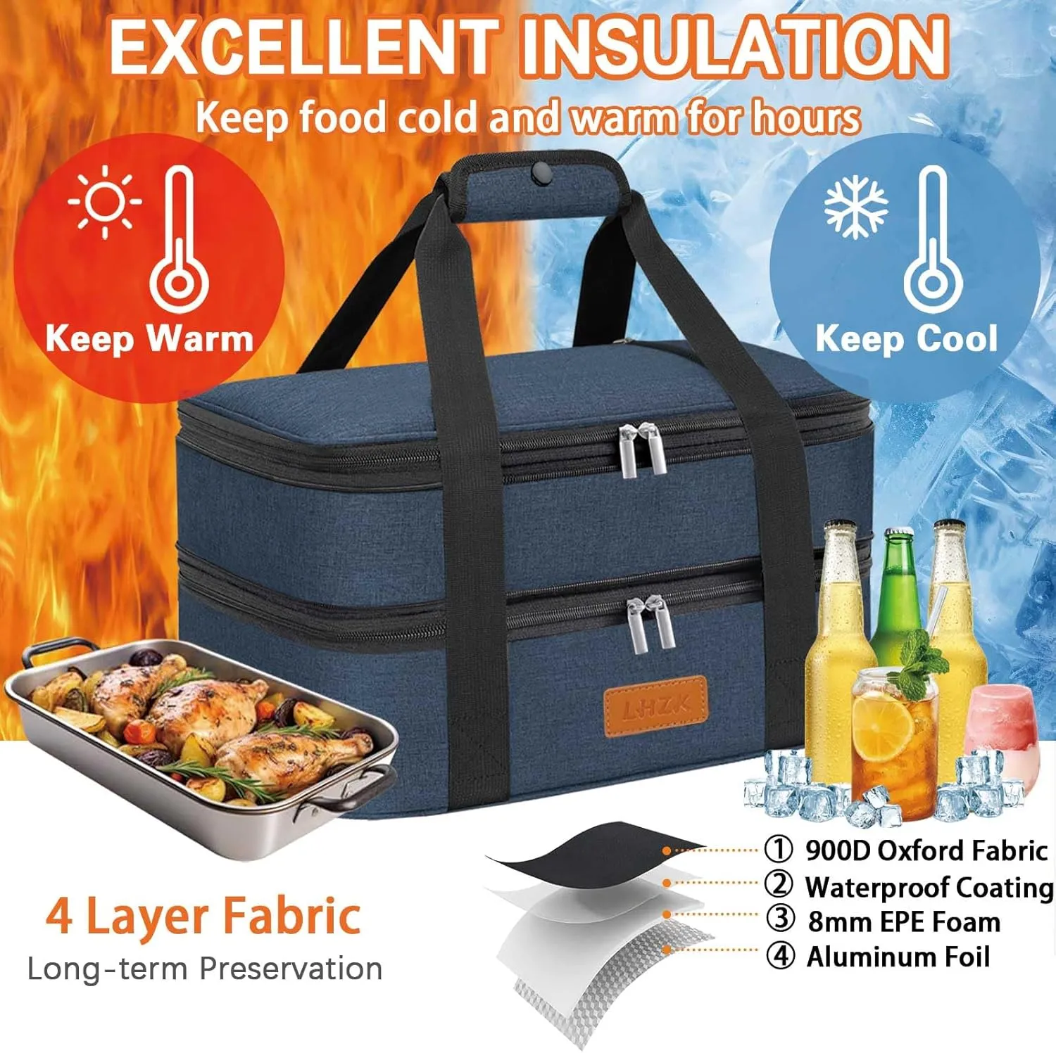 LHZK Double Insulated Casserole Carriers for Hot or Cold Food, Lasagna Holder Tote for Potluck Parties, Beach, Picnic, Travel, Fits 11x15 or 9x13 Dish (Blue)