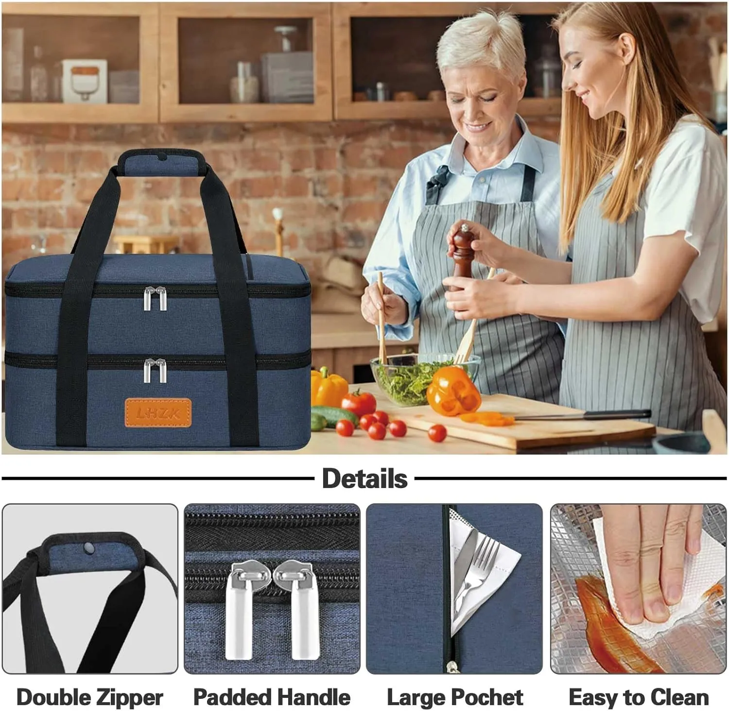 LHZK Double Insulated Casserole Carriers for Hot or Cold Food, Lasagna Holder Tote for Potluck Parties, Beach, Picnic, Travel, Fits 11x15 or 9x13 Dish (Blue)