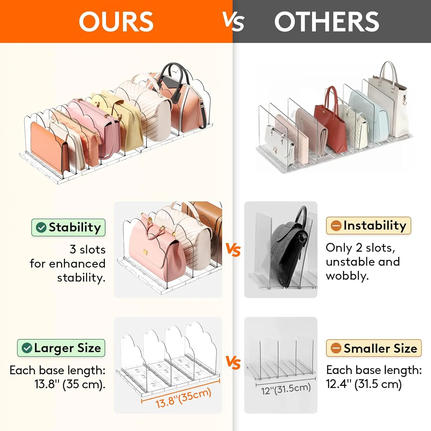 Lifewit 3 Pack Plastic Purse Organizer for Closet, Adjustable Shelf Dividers for Closet Organization, Clear Bag Storage Organizer, Separators for Handbag, Clutch Bag, Book in Bedroom, Office